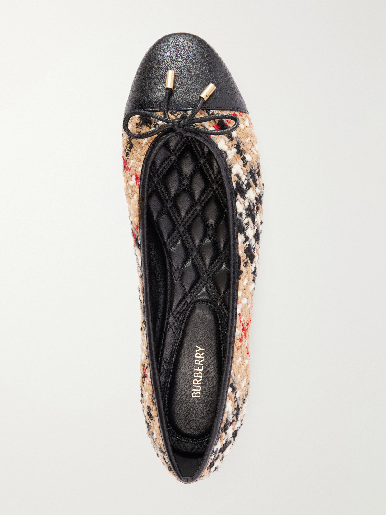 Checked Leather-Trimmed Bouclé Ballet Flats