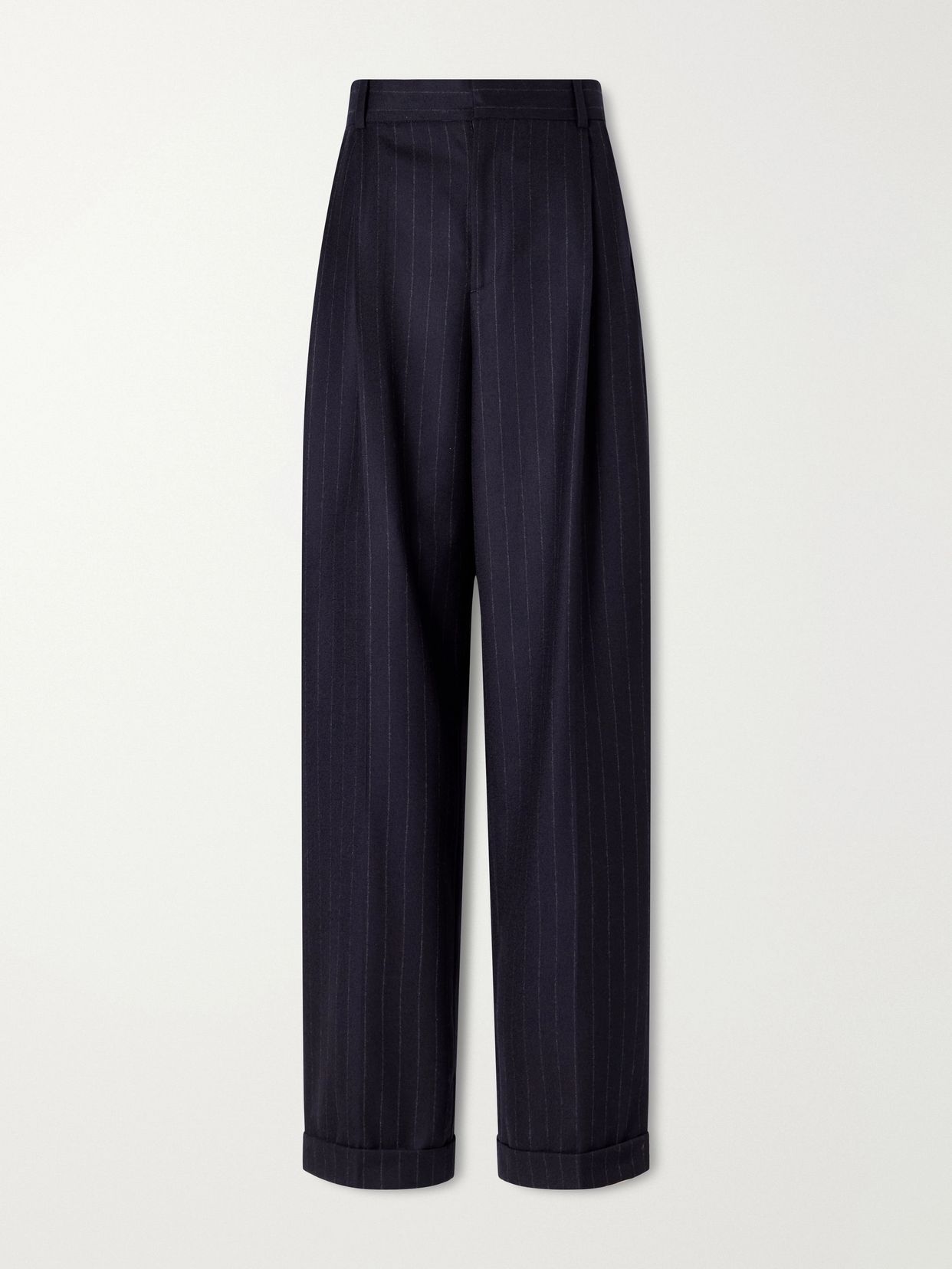 pinstriped fresco wool straight leg pants