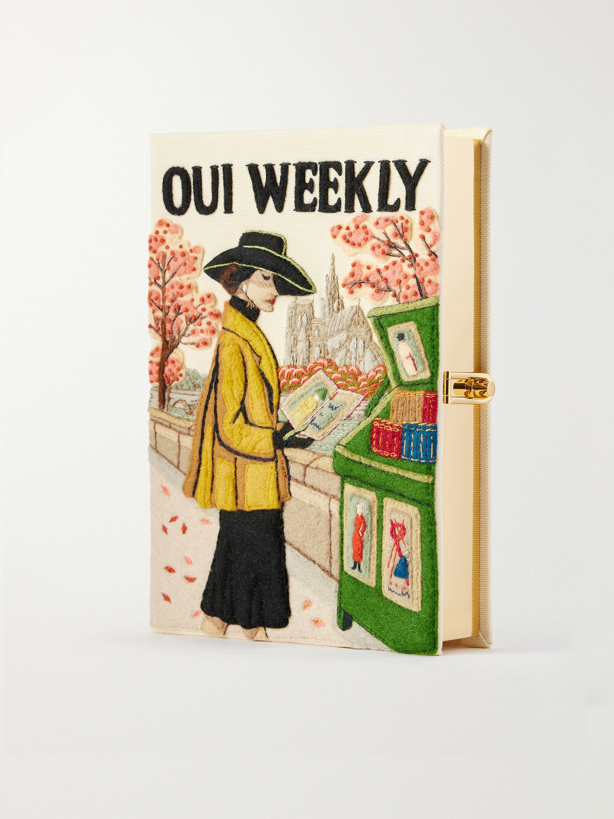 Olympia Le-tan Oui Weekly Embroidered Canvas Clutch In Neutrals