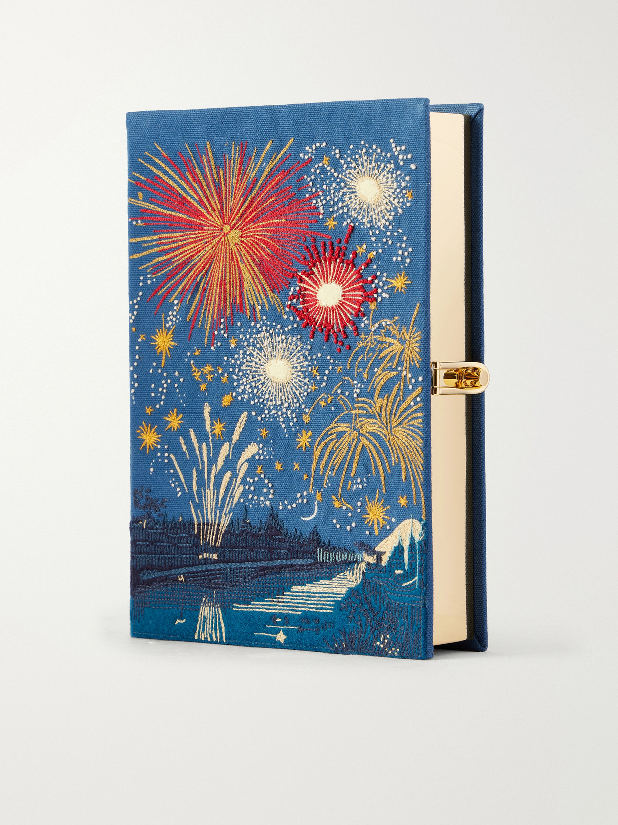 Olympia Le-tan Fireworks In Paris Embroidered Canvas Clutch In Blue