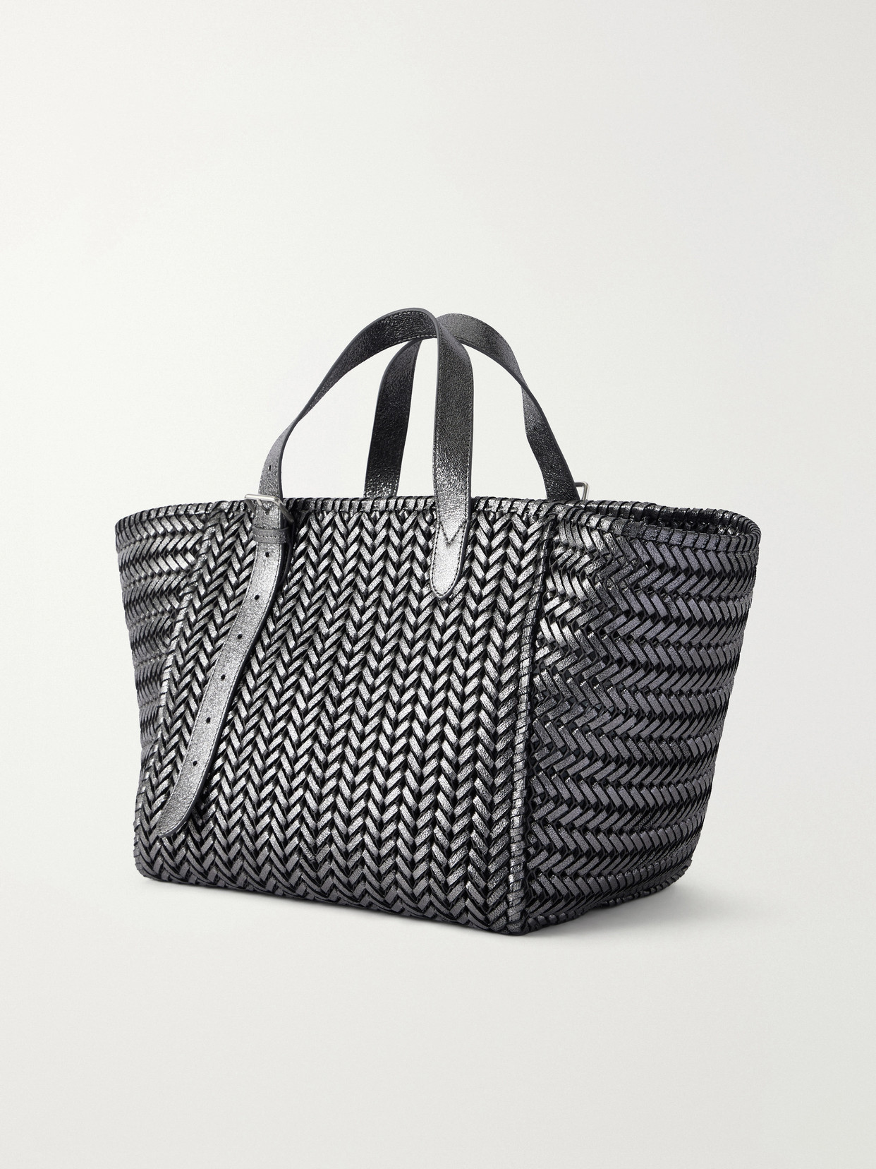 The Neeson Square Woven Metallic-Leather Tote