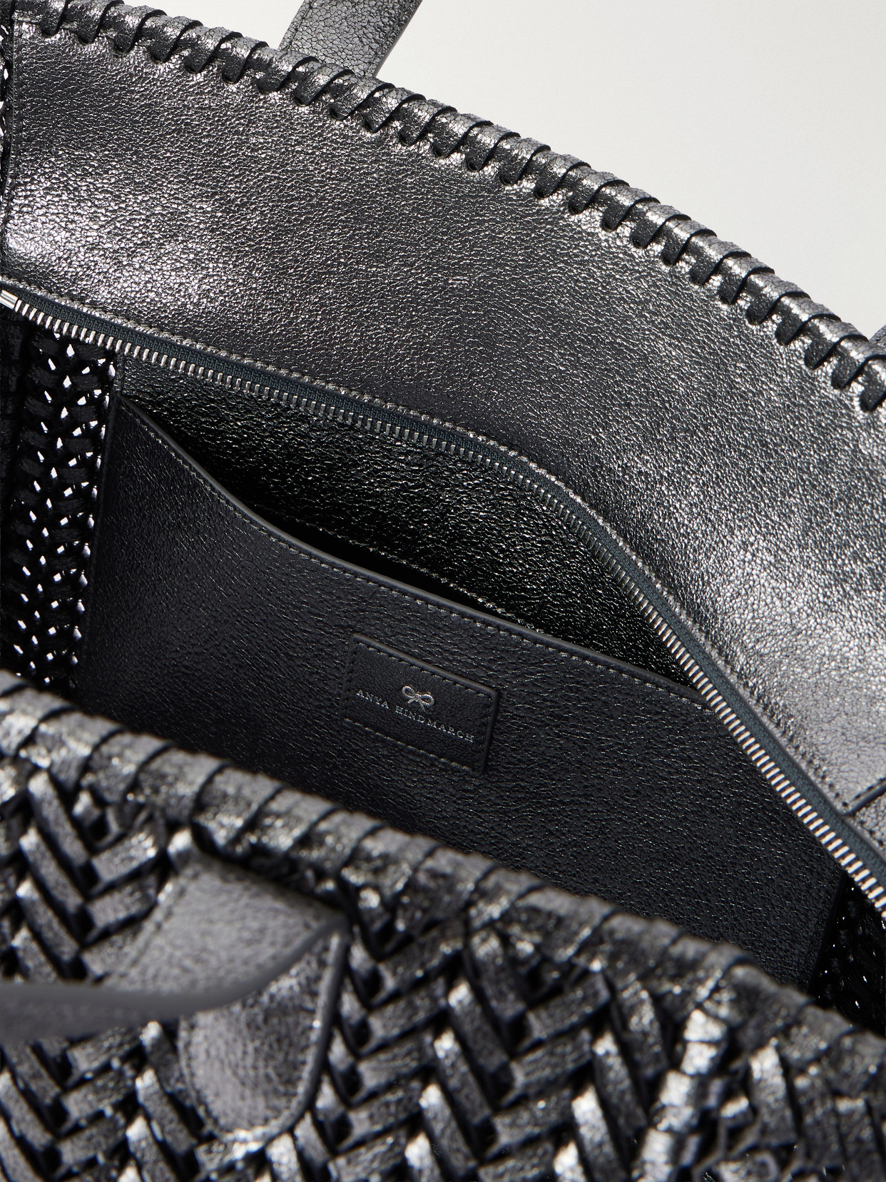The Neeson Square Woven Metallic-Leather Tote