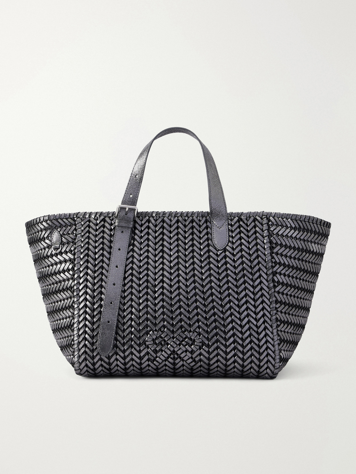 The Neeson Square Woven Metallic-Leather Tote