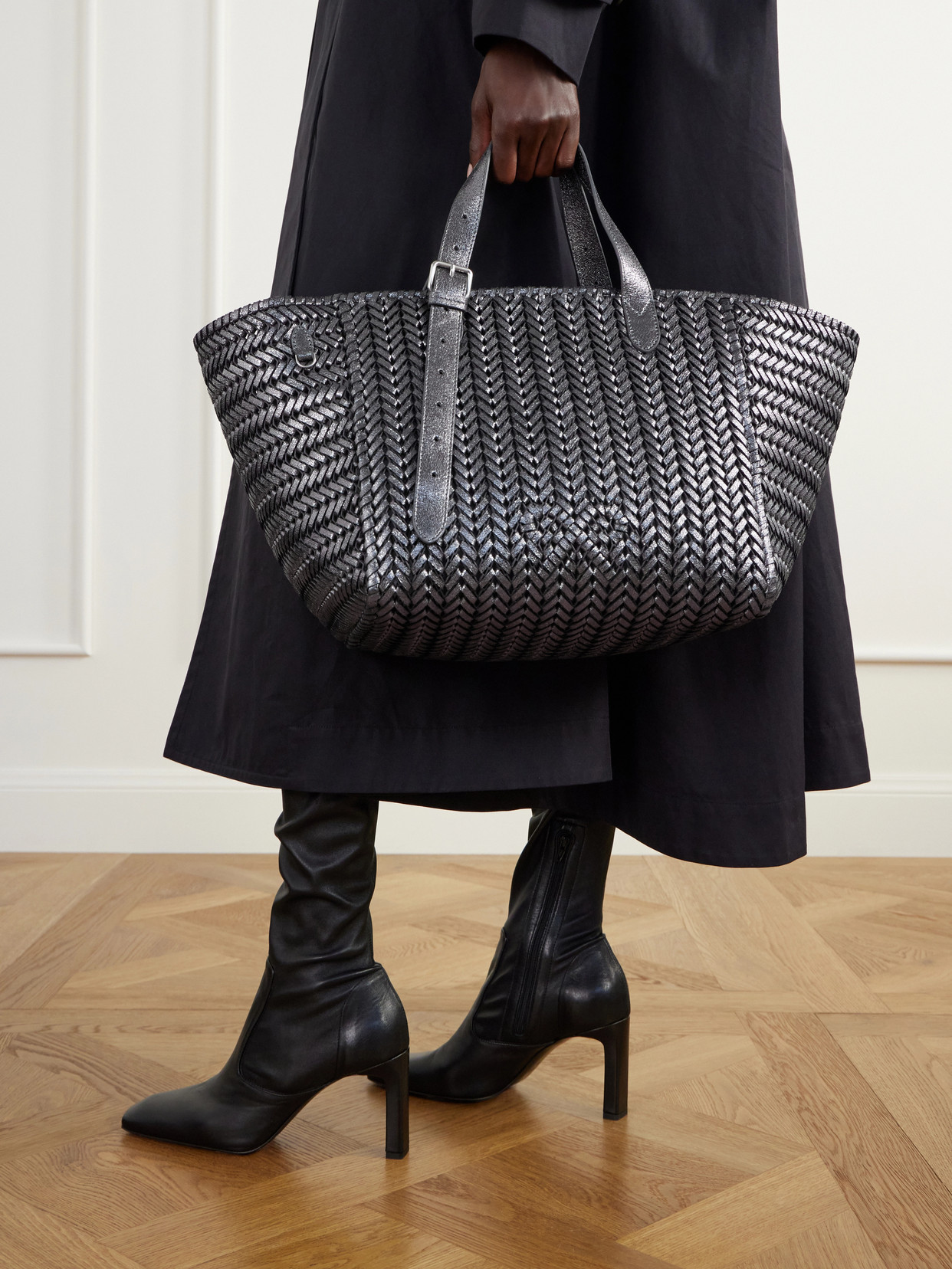 The Neeson Square Woven Metallic-Leather Tote