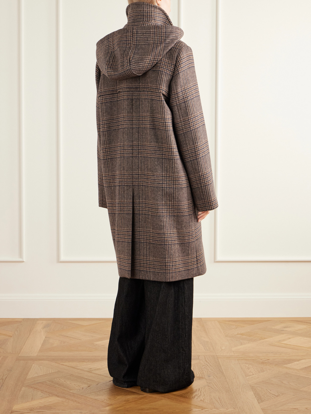 Melody Leather-Trimmed Prince Of Wales Checked Wool-Blend Woven Coat