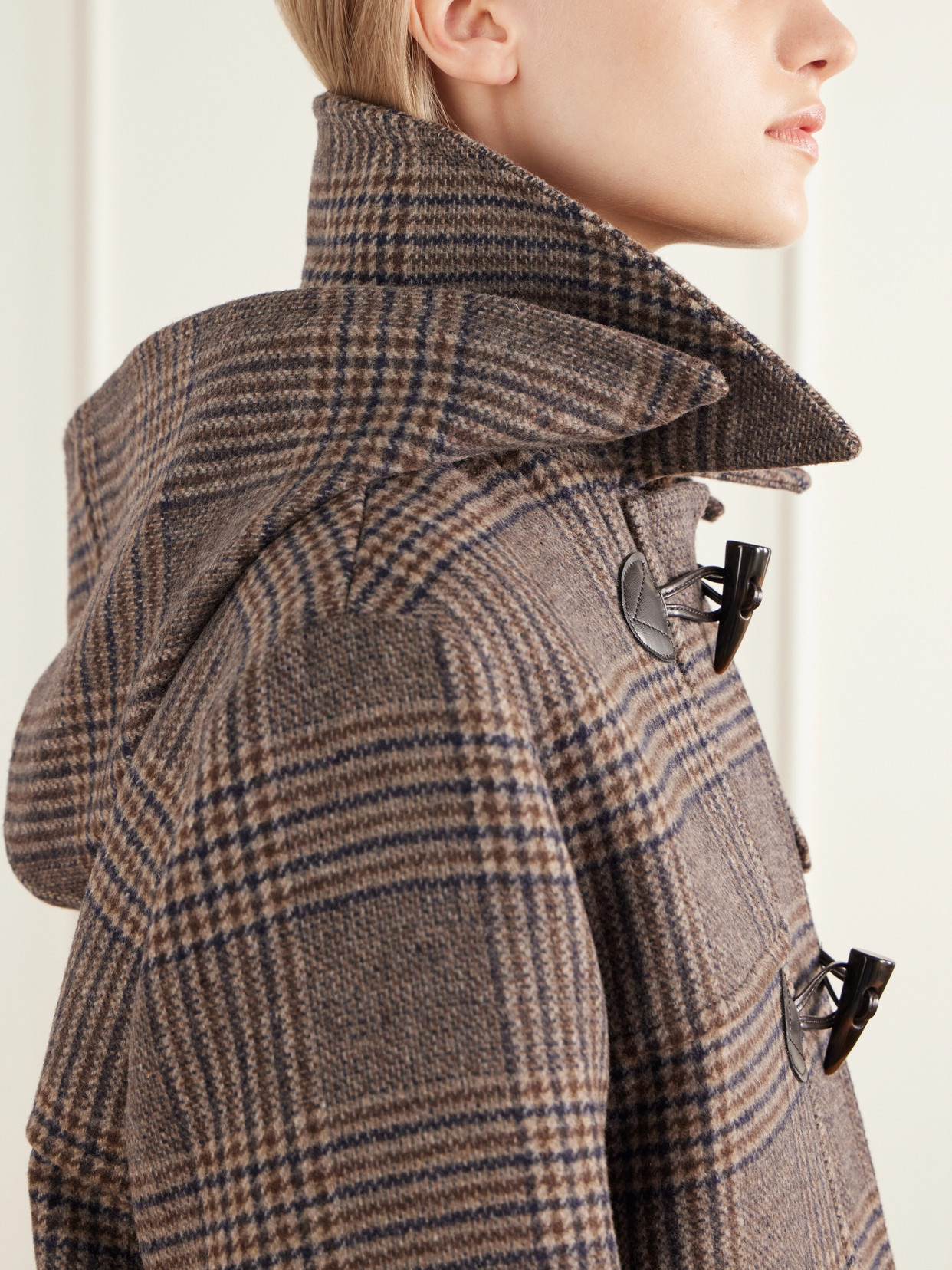 Melody Leather-Trimmed Prince Of Wales Checked Wool-Blend Woven Coat