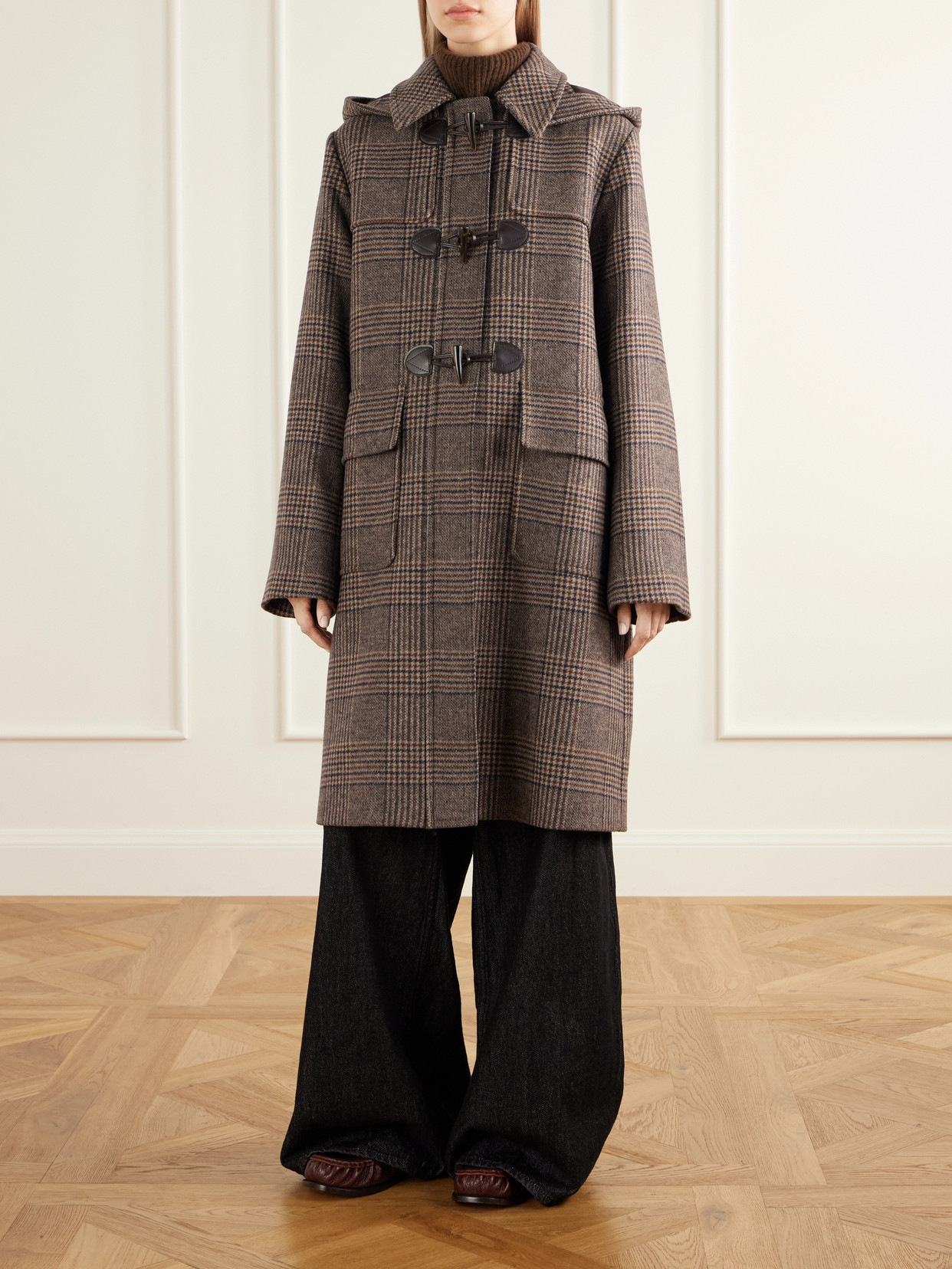 Melody Leather-Trimmed Prince Of Wales Checked Wool-Blend Woven Coat