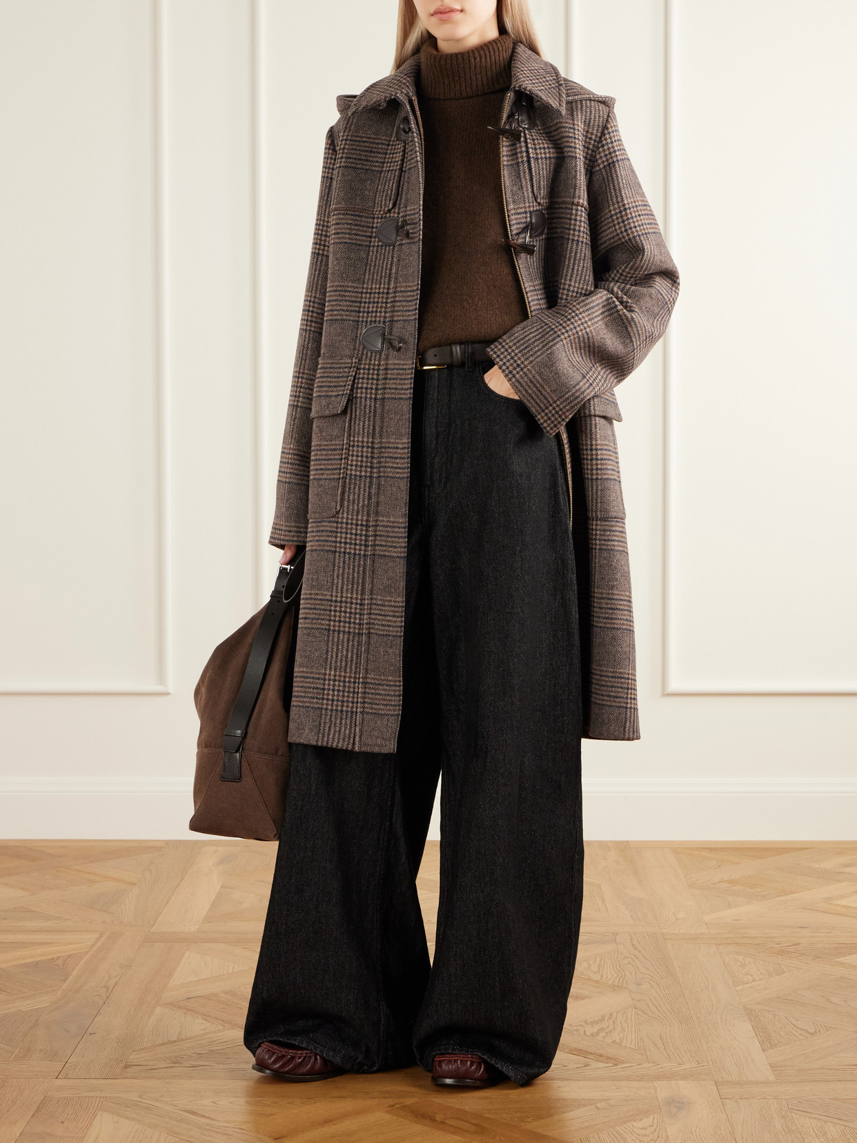 Melody Leather-Trimmed Prince Of Wales Checked Wool-Blend Woven Coat