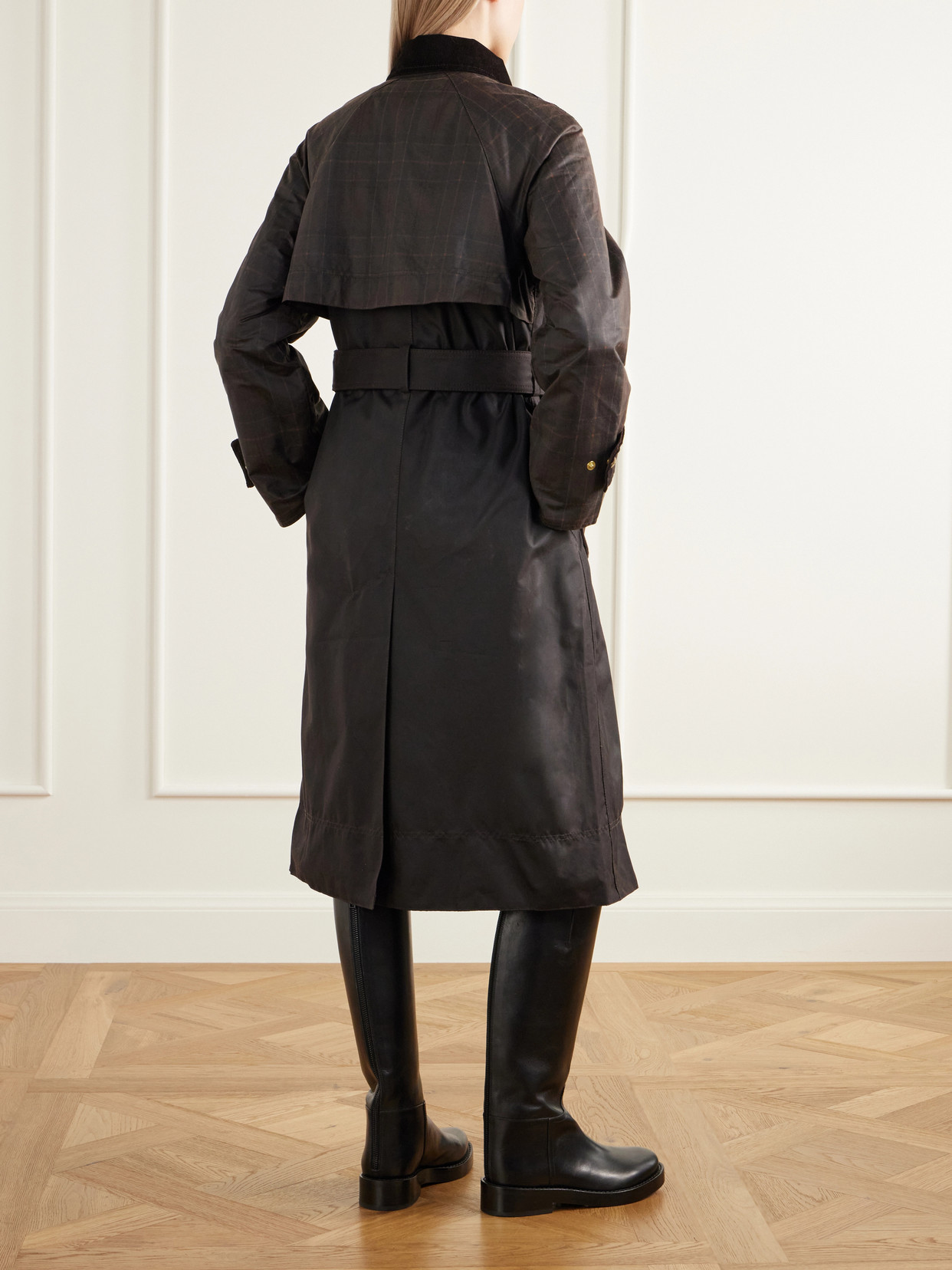 Elva Double-Breasted Belted Corduroy-Trimmed Waxed Cotton-Canvas Coat