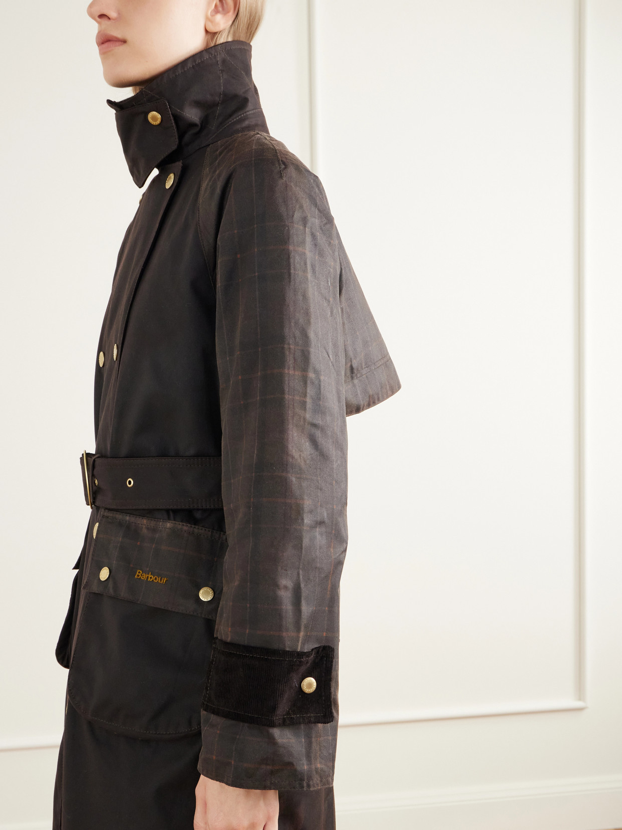 Elva Double-Breasted Belted Corduroy-Trimmed Waxed Cotton-Canvas Coat