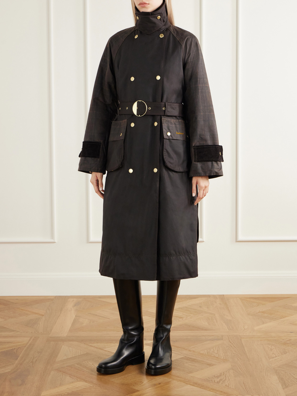 Elva Double-Breasted Belted Corduroy-Trimmed Waxed Cotton-Canvas Coat