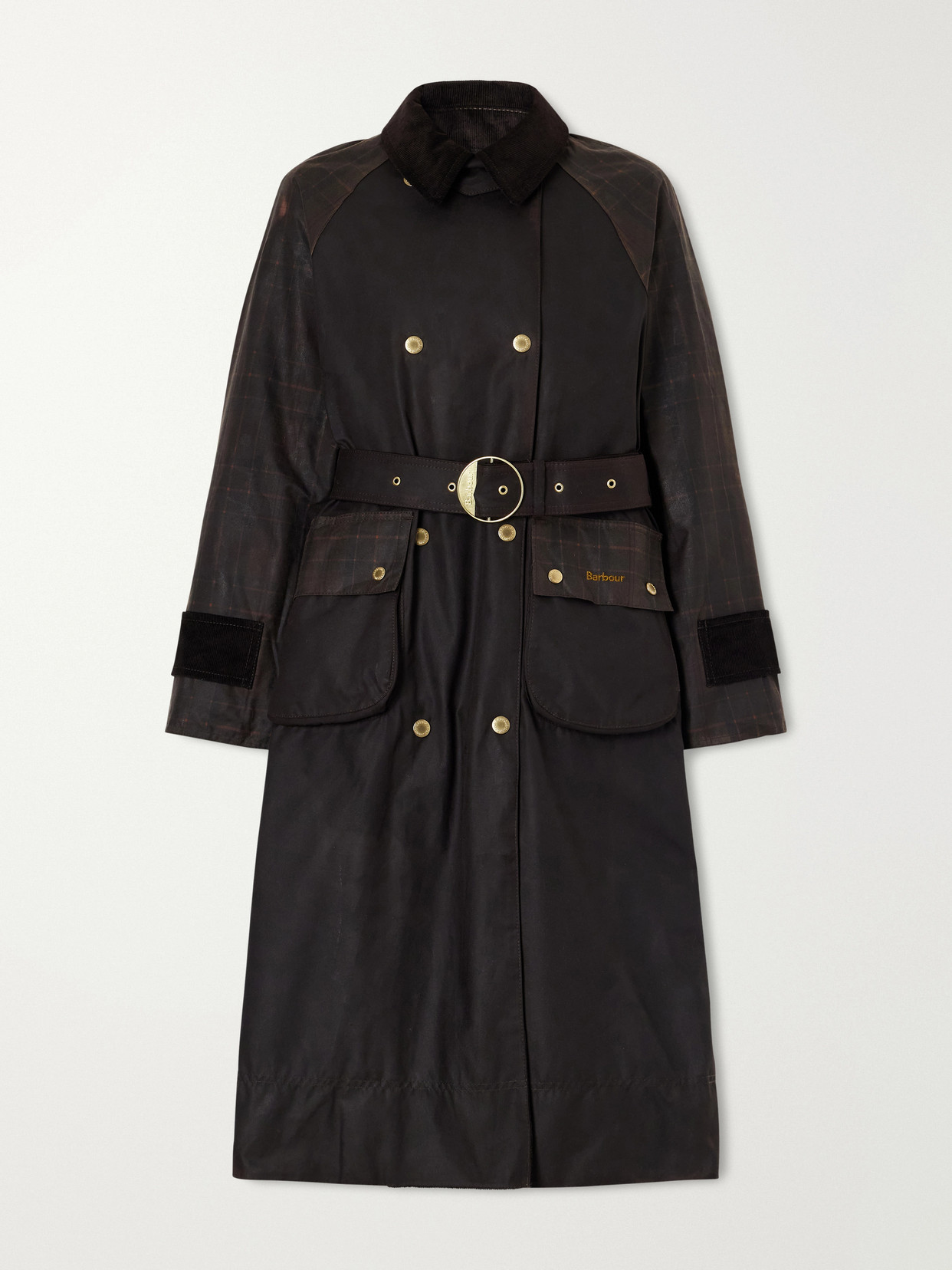 Elva Double-Breasted Belted Corduroy-Trimmed Waxed Cotton-Canvas Coat