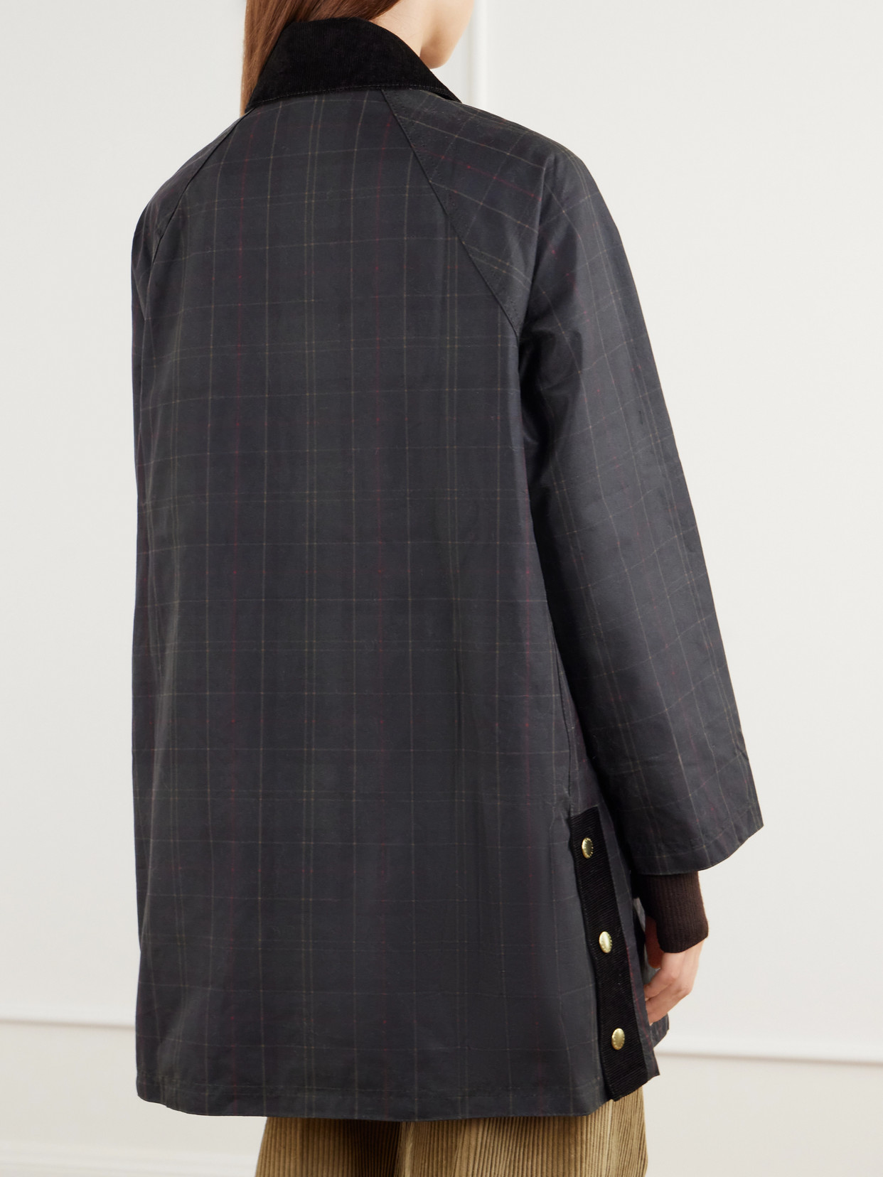 Checked Corduroy-Trimmed Waxed Cotton-Canvas Coat