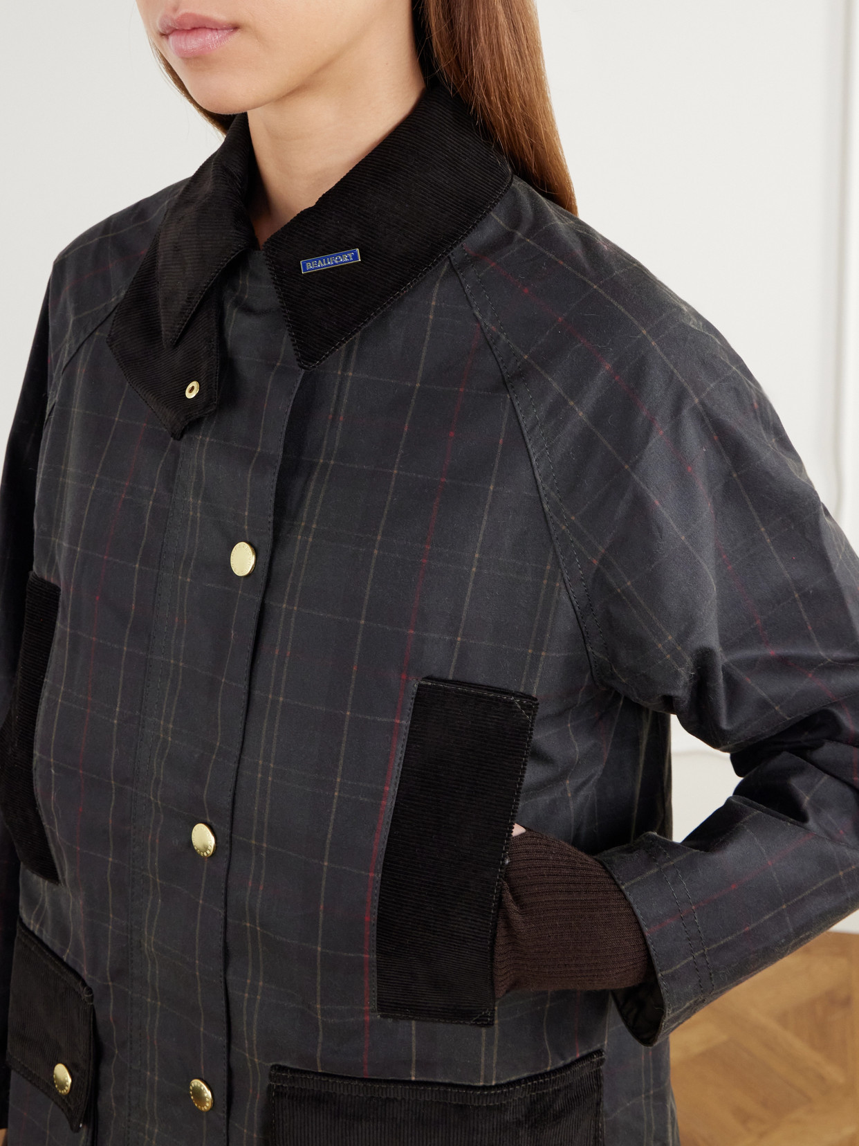 Checked Corduroy-Trimmed Waxed Cotton-Canvas Coat