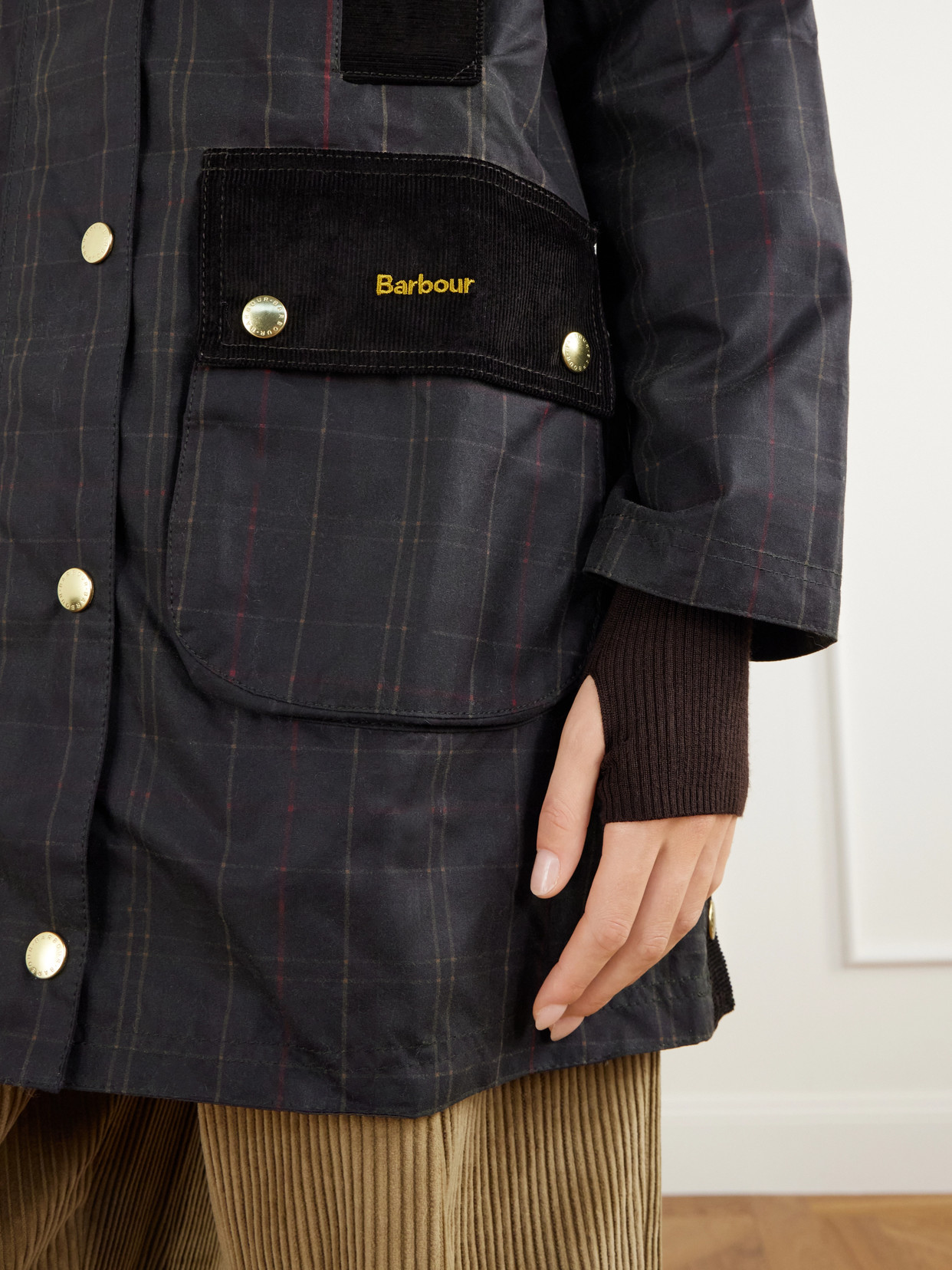 Checked Corduroy-Trimmed Waxed Cotton-Canvas Coat