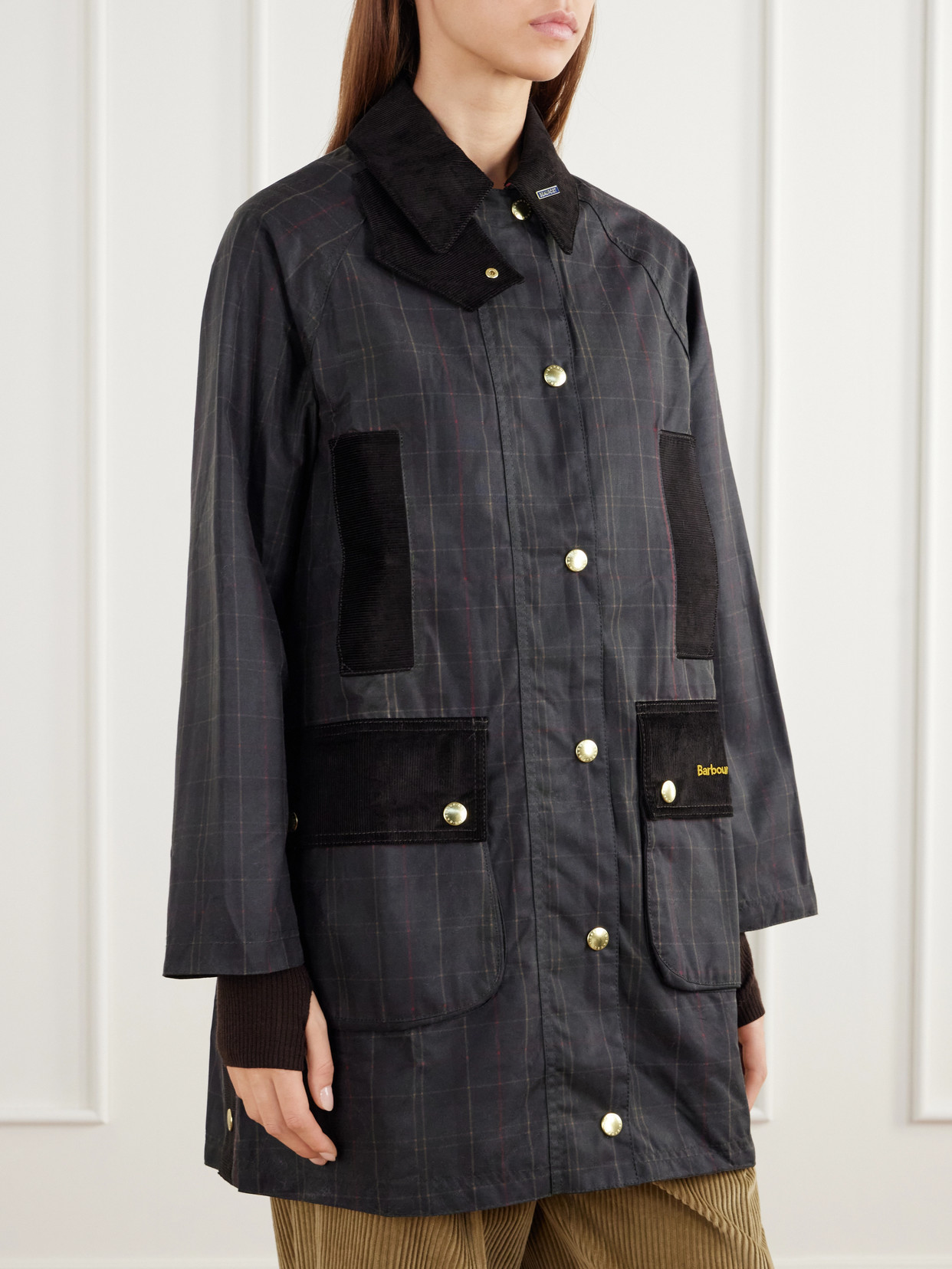 Checked Corduroy-Trimmed Waxed Cotton-Canvas Coat