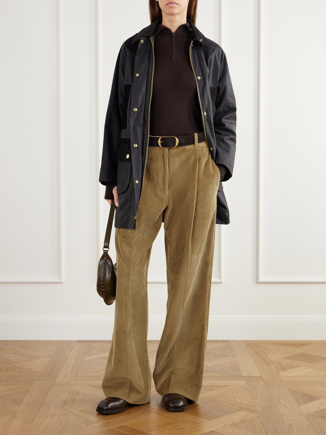 Checked Corduroy-Trimmed Waxed Cotton-Canvas Coat
