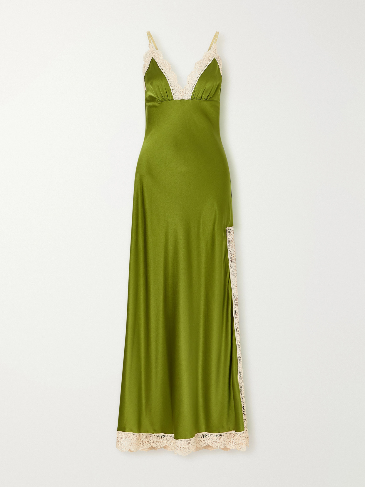 Miguelina Bead-embellished Crochet-trimmed Silk-blend Satin Maxi Dress In Green