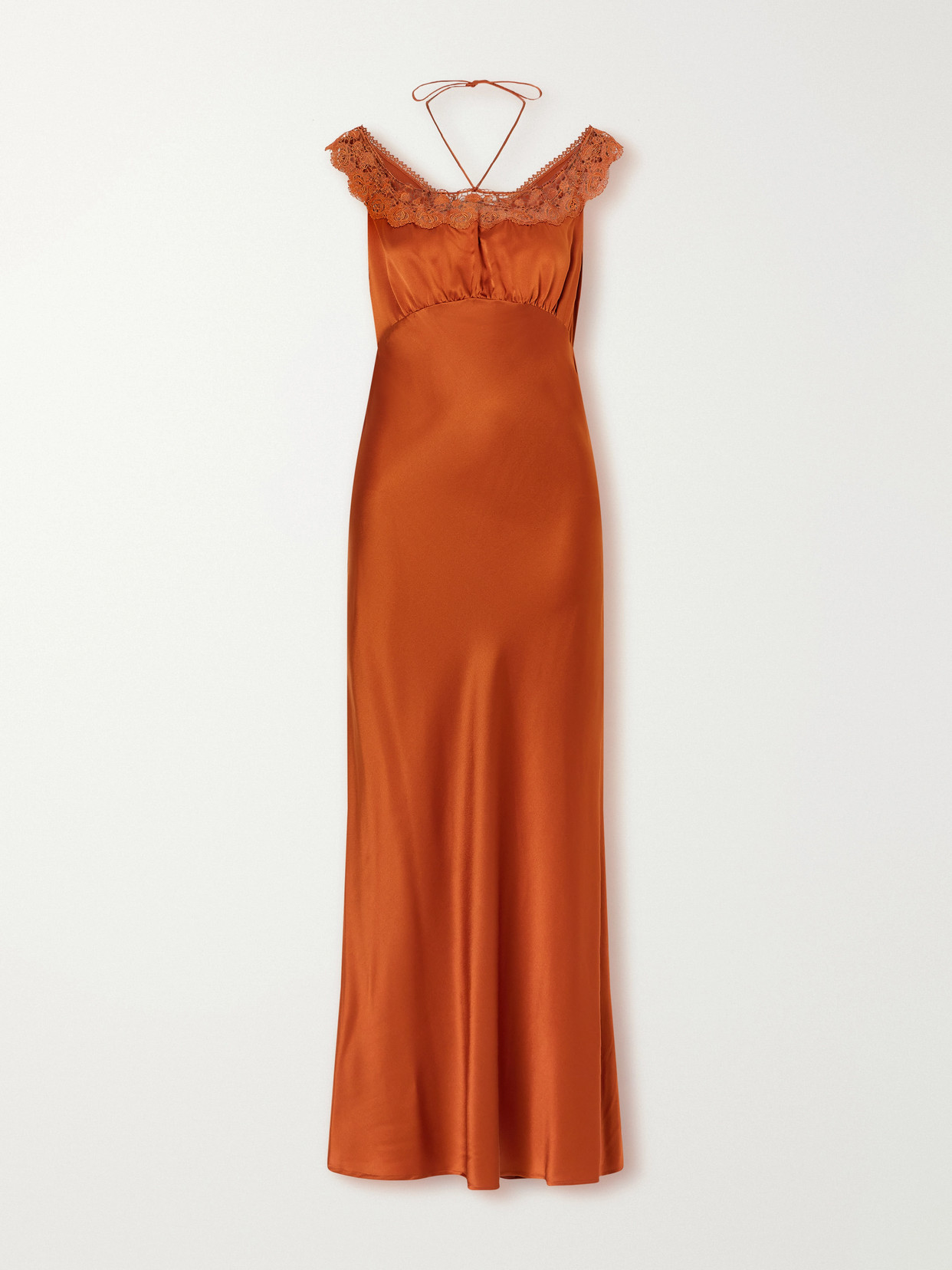 Miguelina Crochet-trimmed Silk-blend Charmeuse Halterneck Maxi Dress In Orange