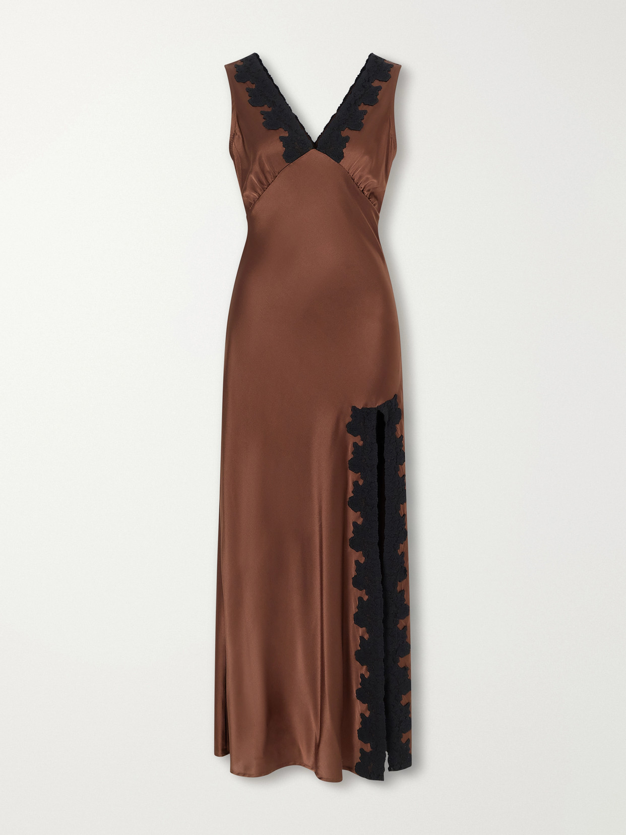 Miguelina Lace-trimmed Silk-blend Satin Midi Dress In Brown