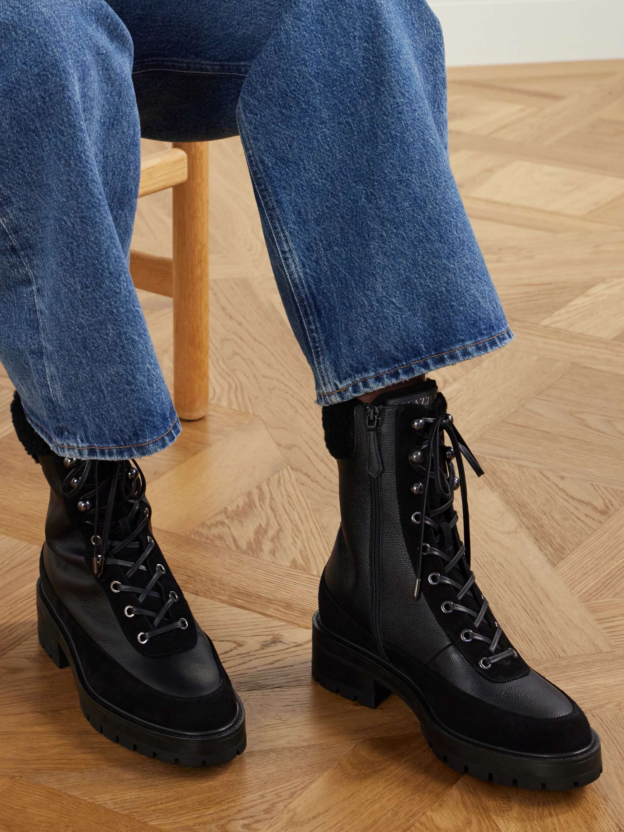 AQUAZZURA Very Cortina shearling and suede-trimmed leather ankle