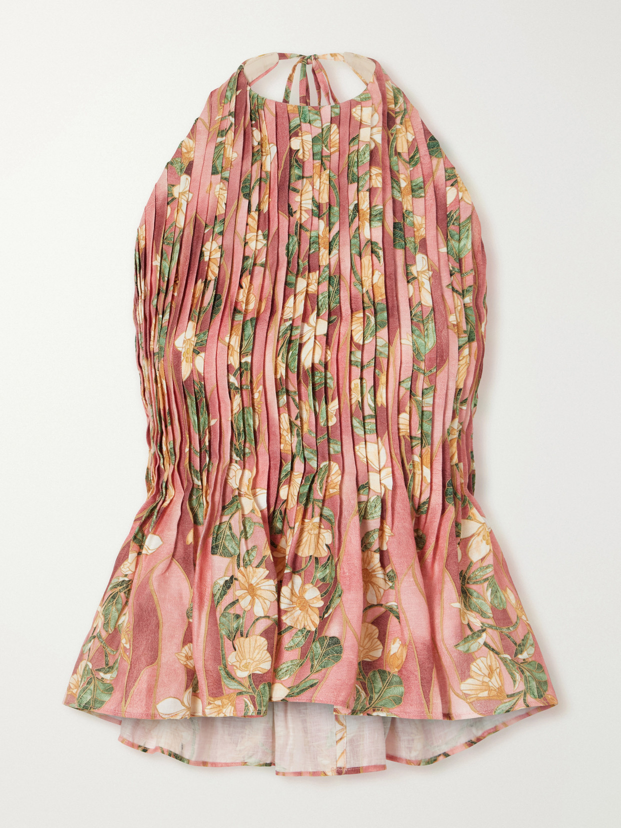 Caña Pleated Floral-Print Linen-Woven Halterneck Blouse