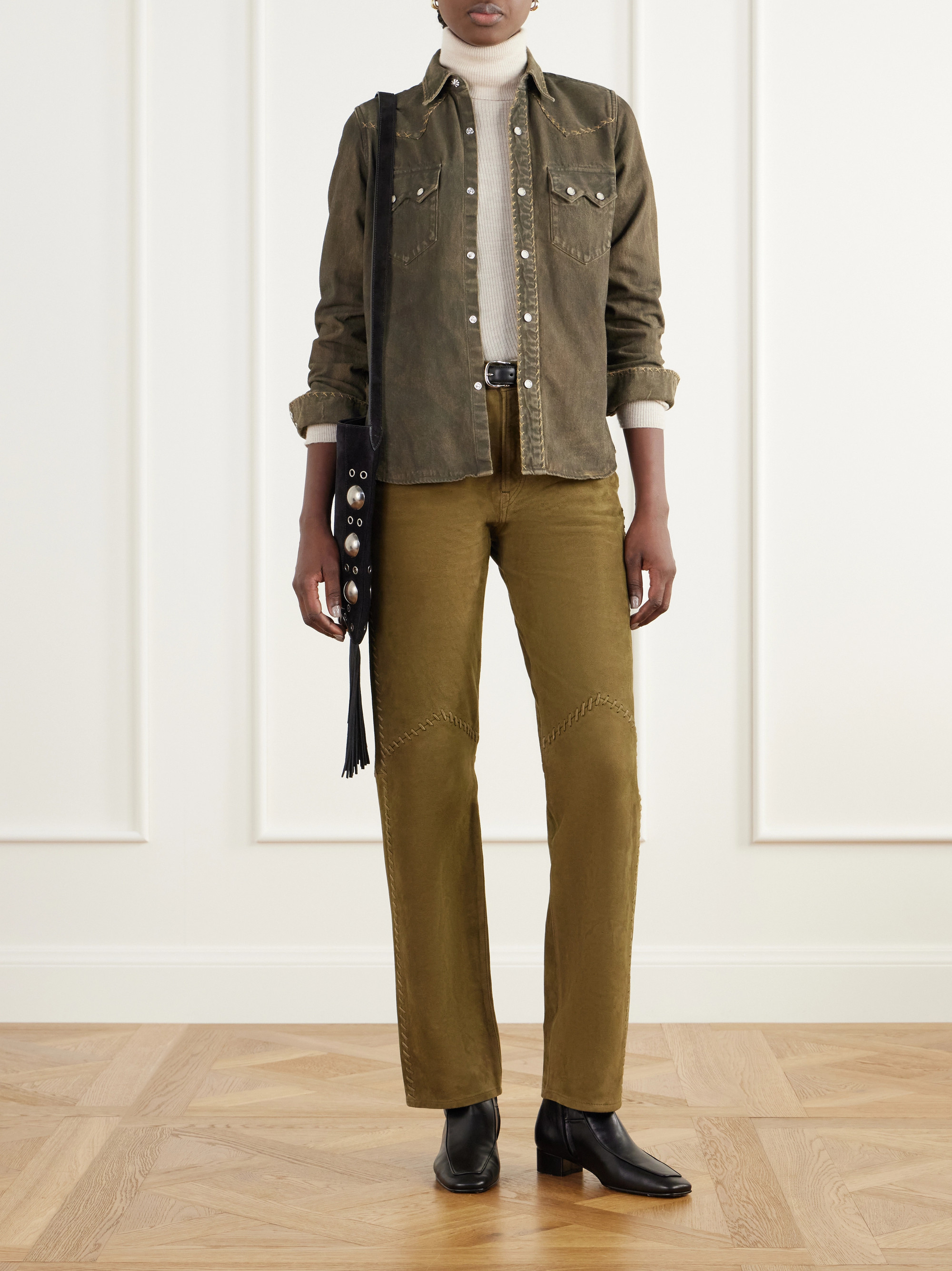 RRL Paneled whipstitched paneled suede slim-fit pants