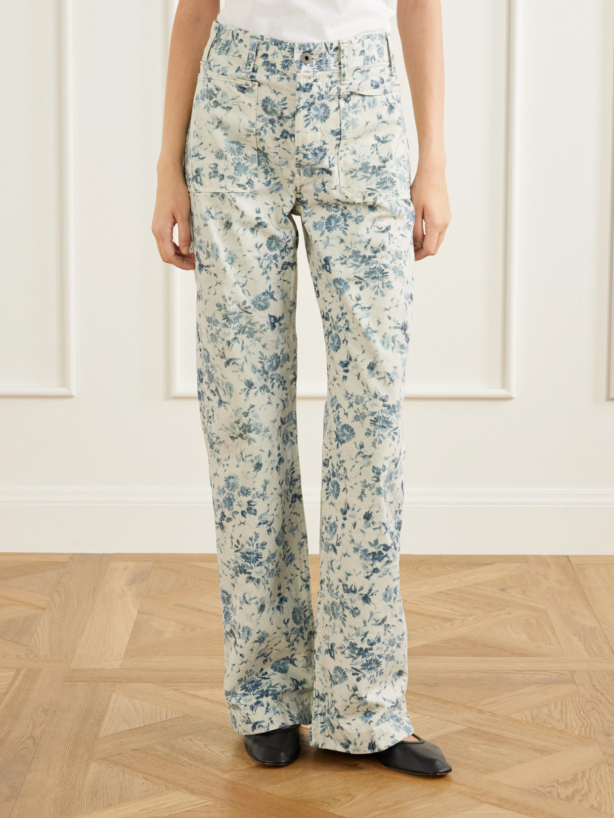 Floral-Print High-Rise Straight-Leg Jeans