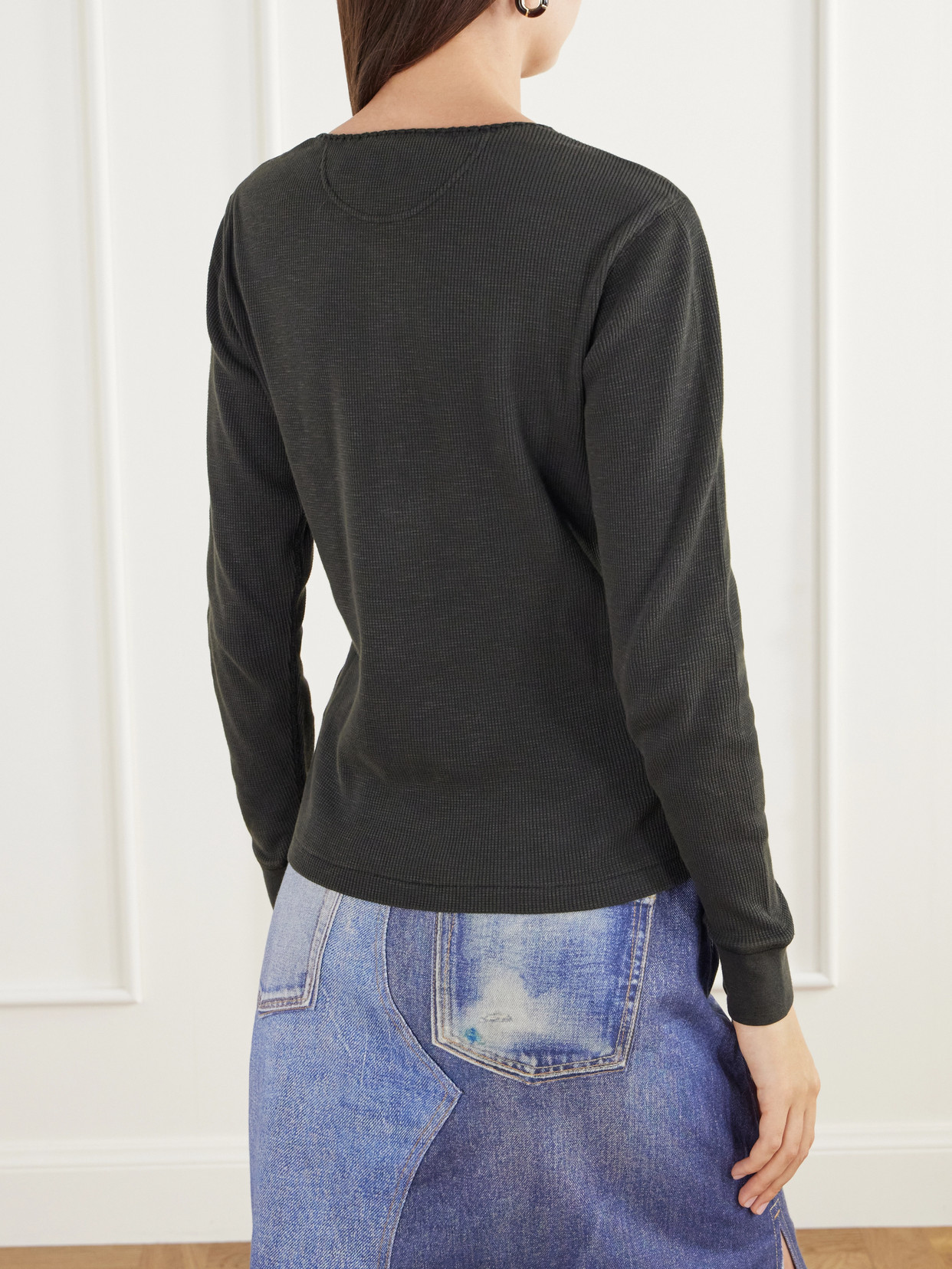 Waffle-Knit Cotton-Blend Henley Top