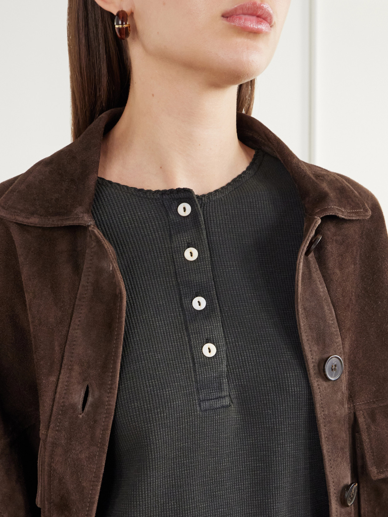 Waffle-Knit Cotton-Blend Henley Top