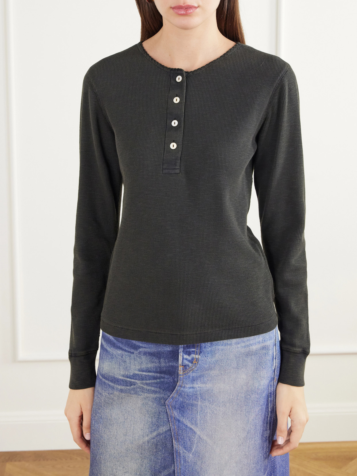 Waffle-Knit Cotton-Blend Henley Top