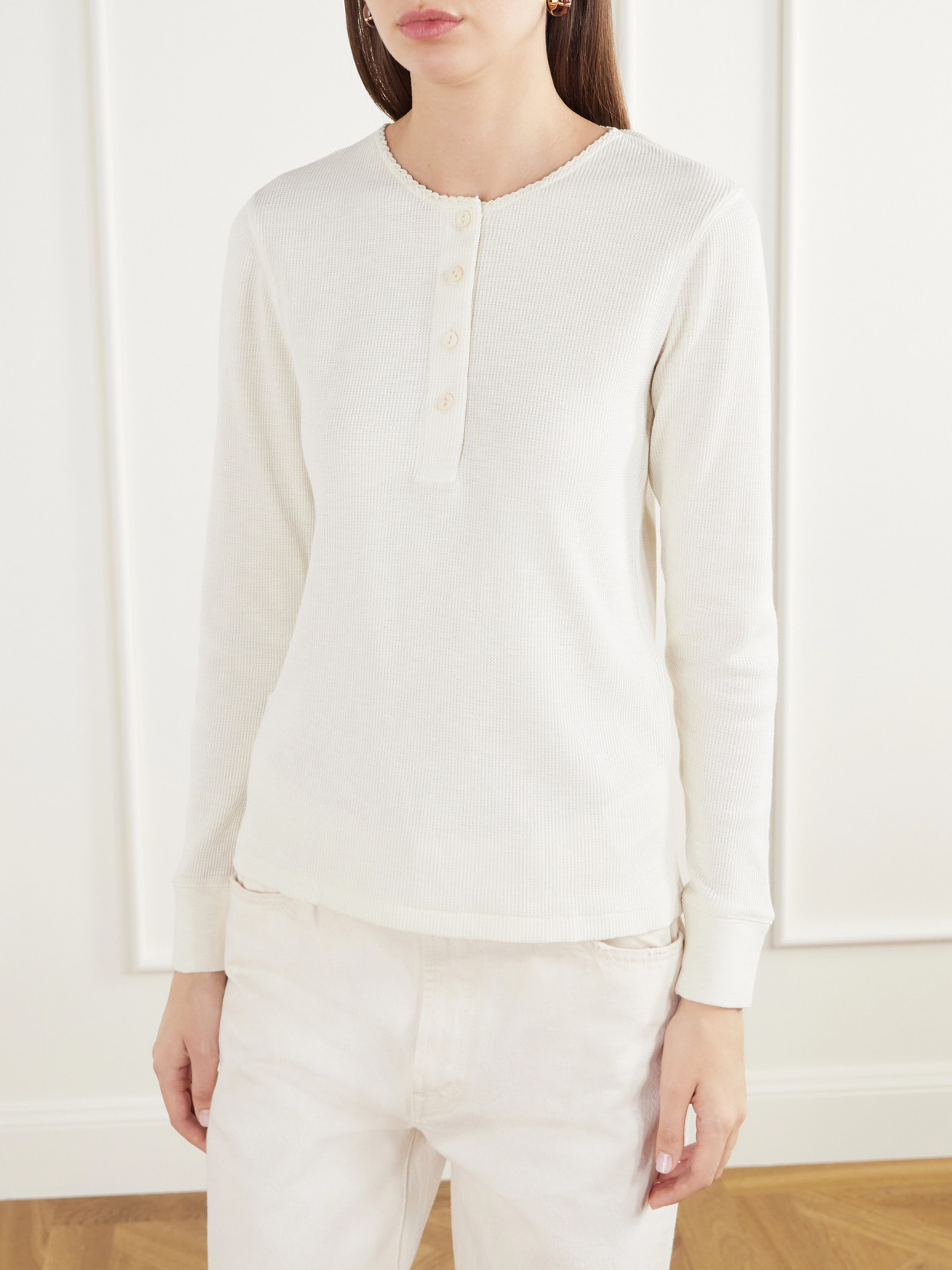Waffle-Knit Cotton-Blend Henley Top