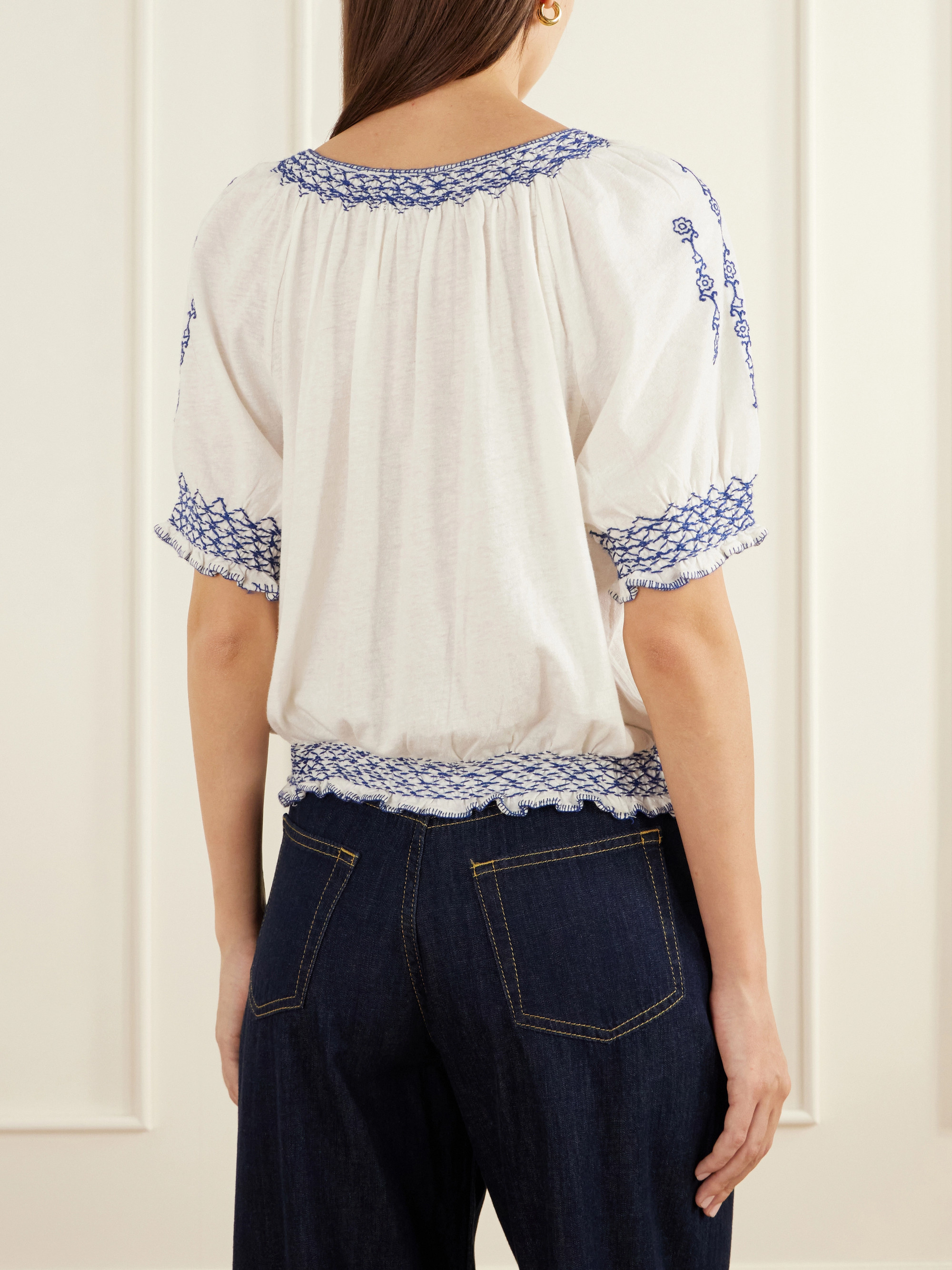 RRL Shirred embroidered cotton and linen-blend woven blouse