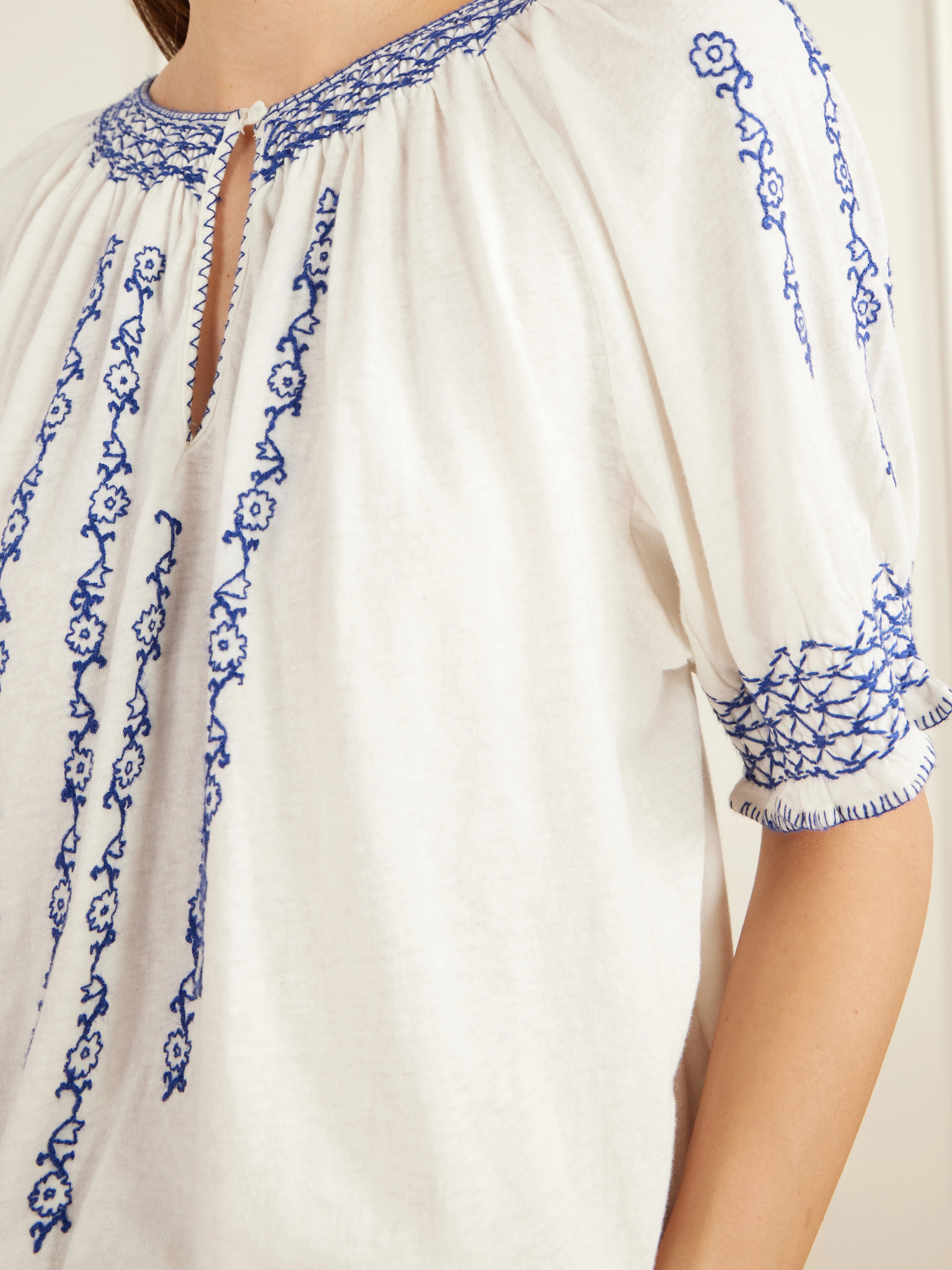 RRL Shirred embroidered cotton and linen-blend woven blouse