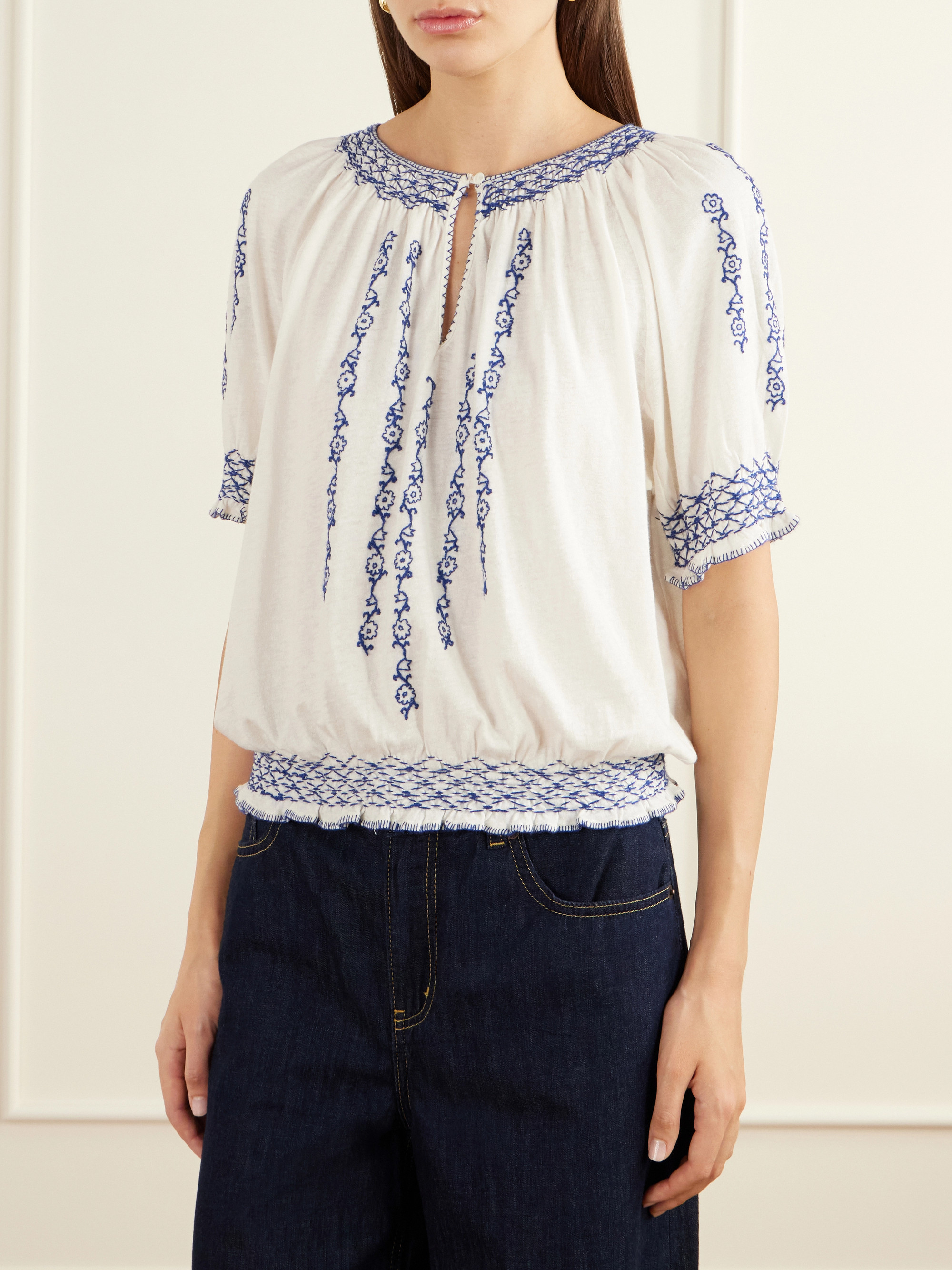 RRL Shirred embroidered cotton and linen-blend woven blouse