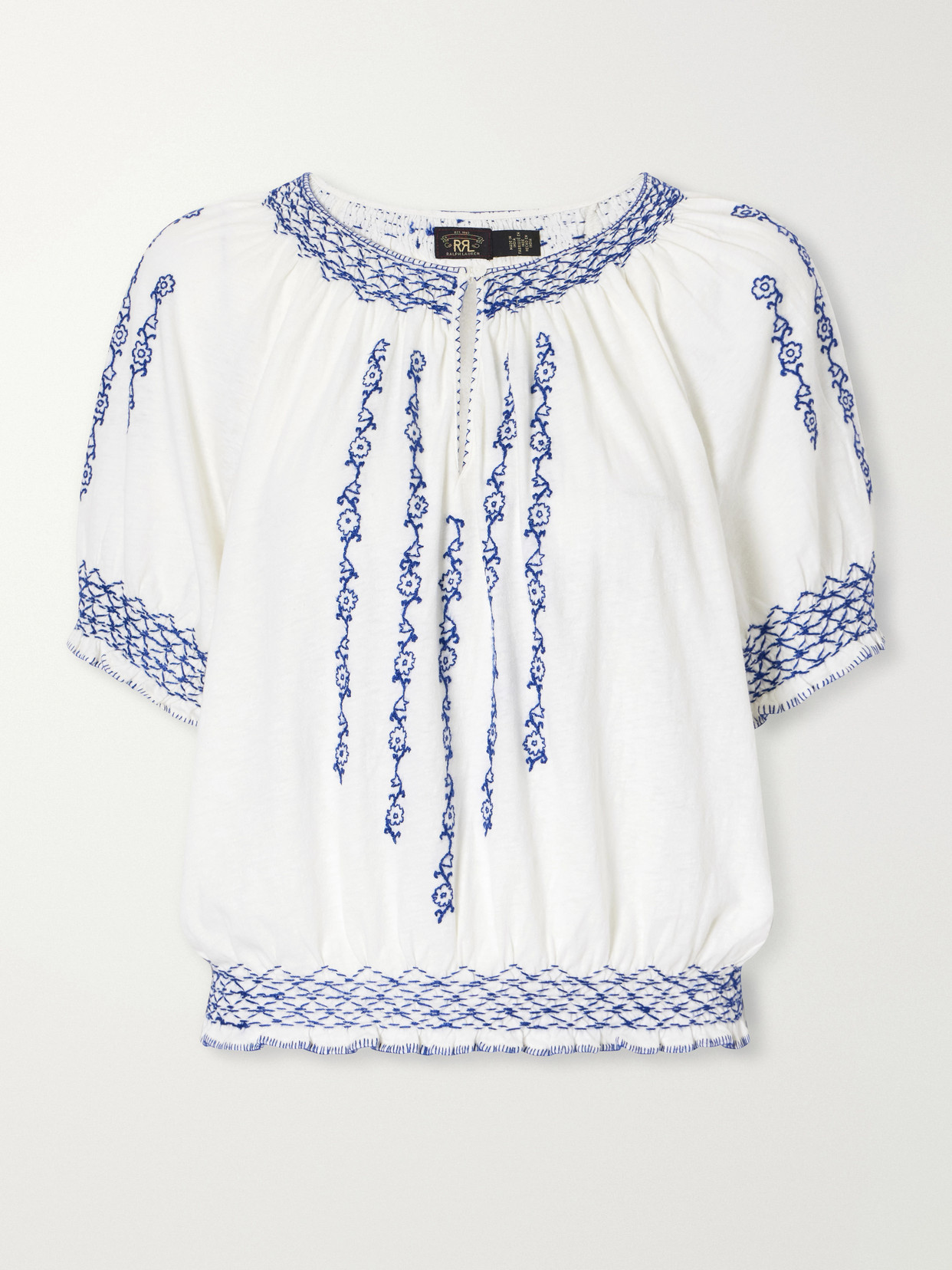 Shirred Embroidered Cotton And Linen-Blend Woven Blouse
