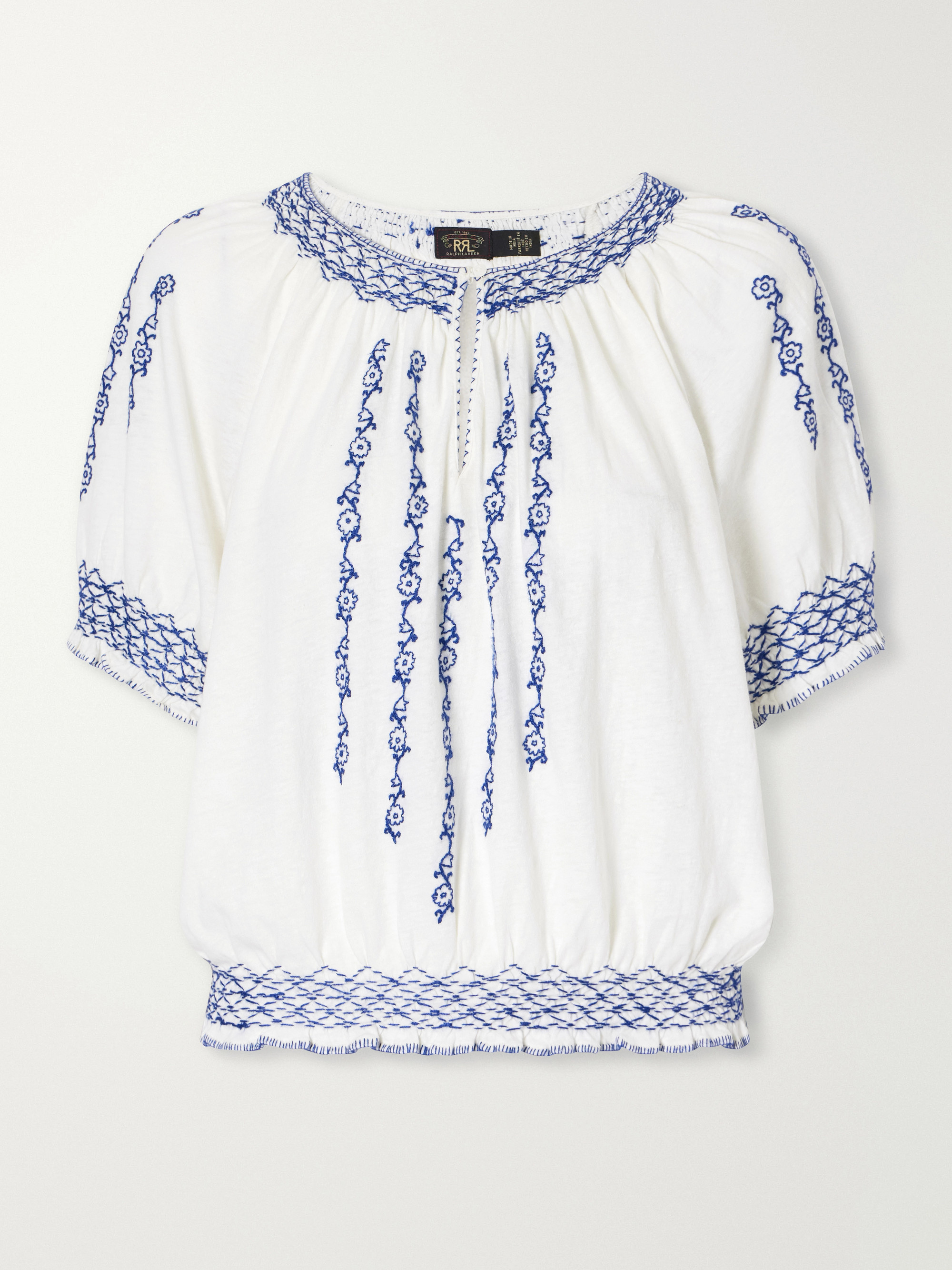 RRL Shirred embroidered cotton and linen-blend woven blouse