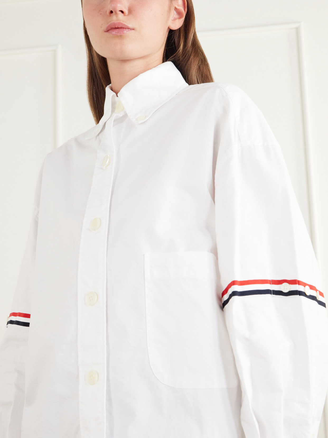 Appliquéd Striped Grosgrain-Trimmed Cotton-Poplin Shirt