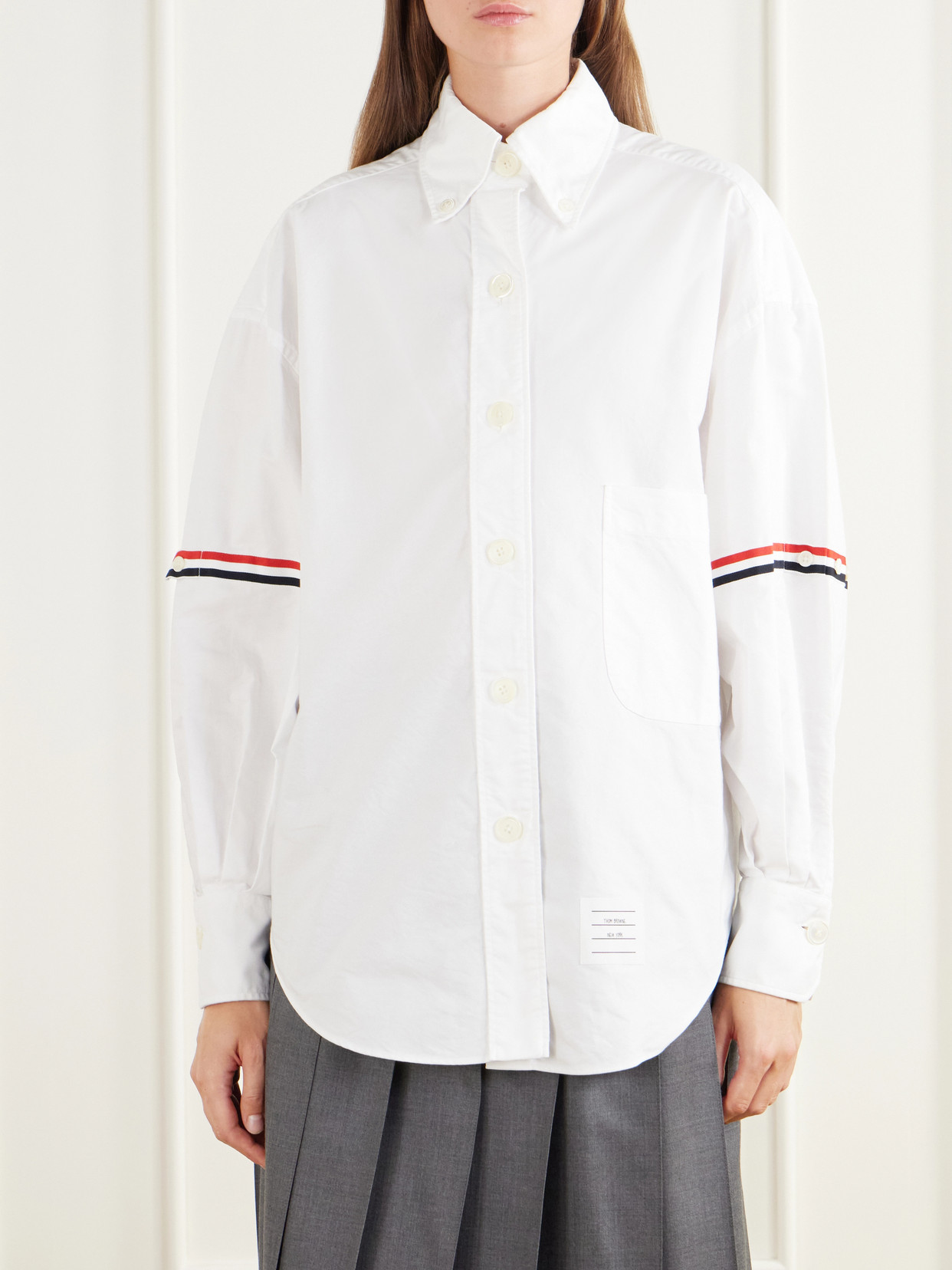 Appliquéd Striped Grosgrain-Trimmed Cotton-Poplin Shirt
