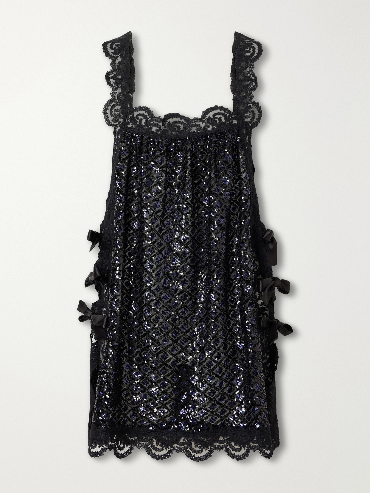 Loretta Caponi Fiocchini Bow-detailed Sequin-embellished Lace-trimmed Organza Mini Dress In Black
