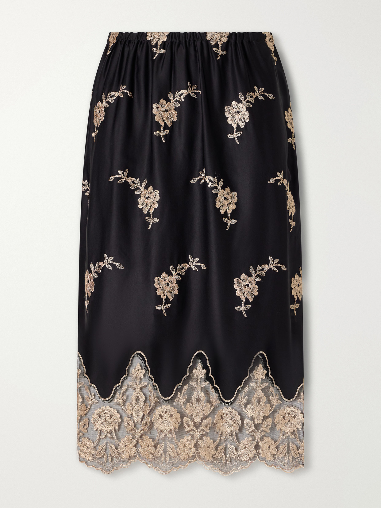Loretta Caponi Lucinda Floral-embroidered Lace-trimmed Satin Midi Skirt In Multi