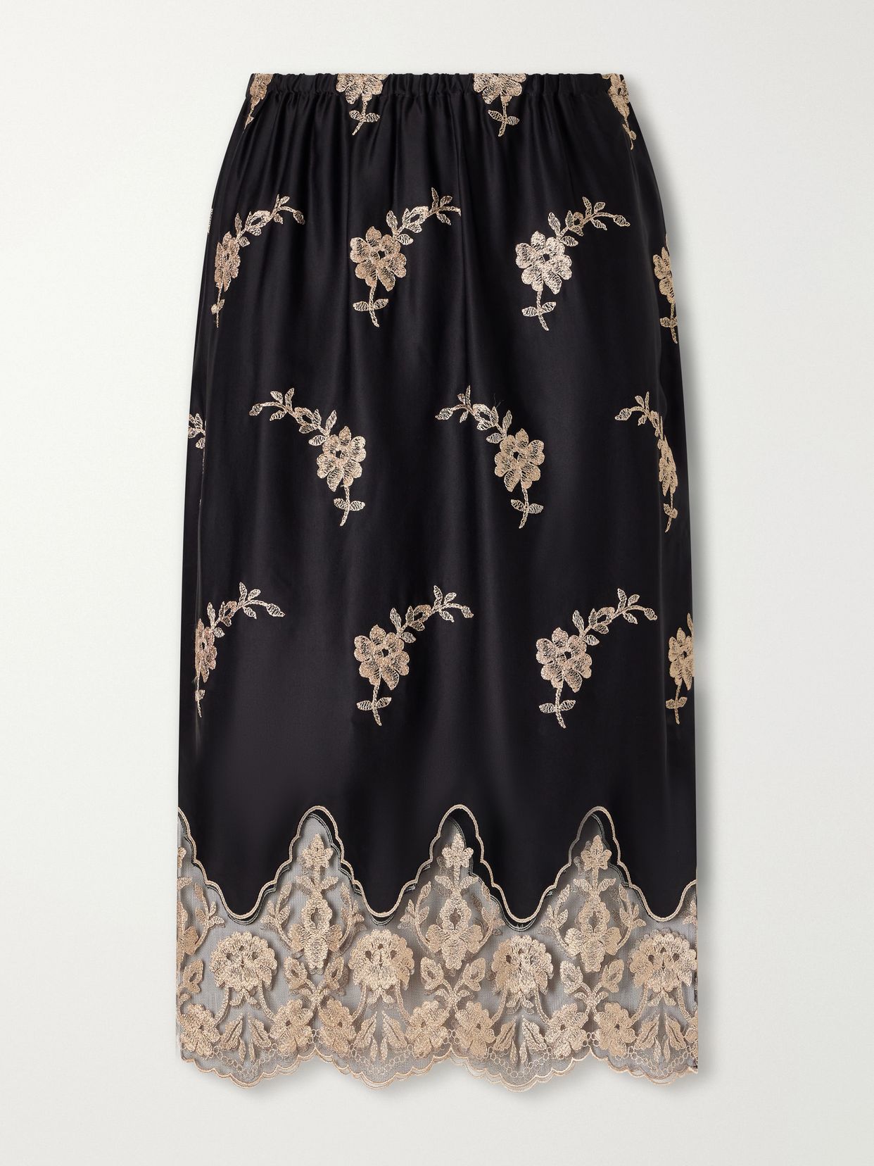 Lucinda floral-embroidered lace-trimmed satin midi skirt