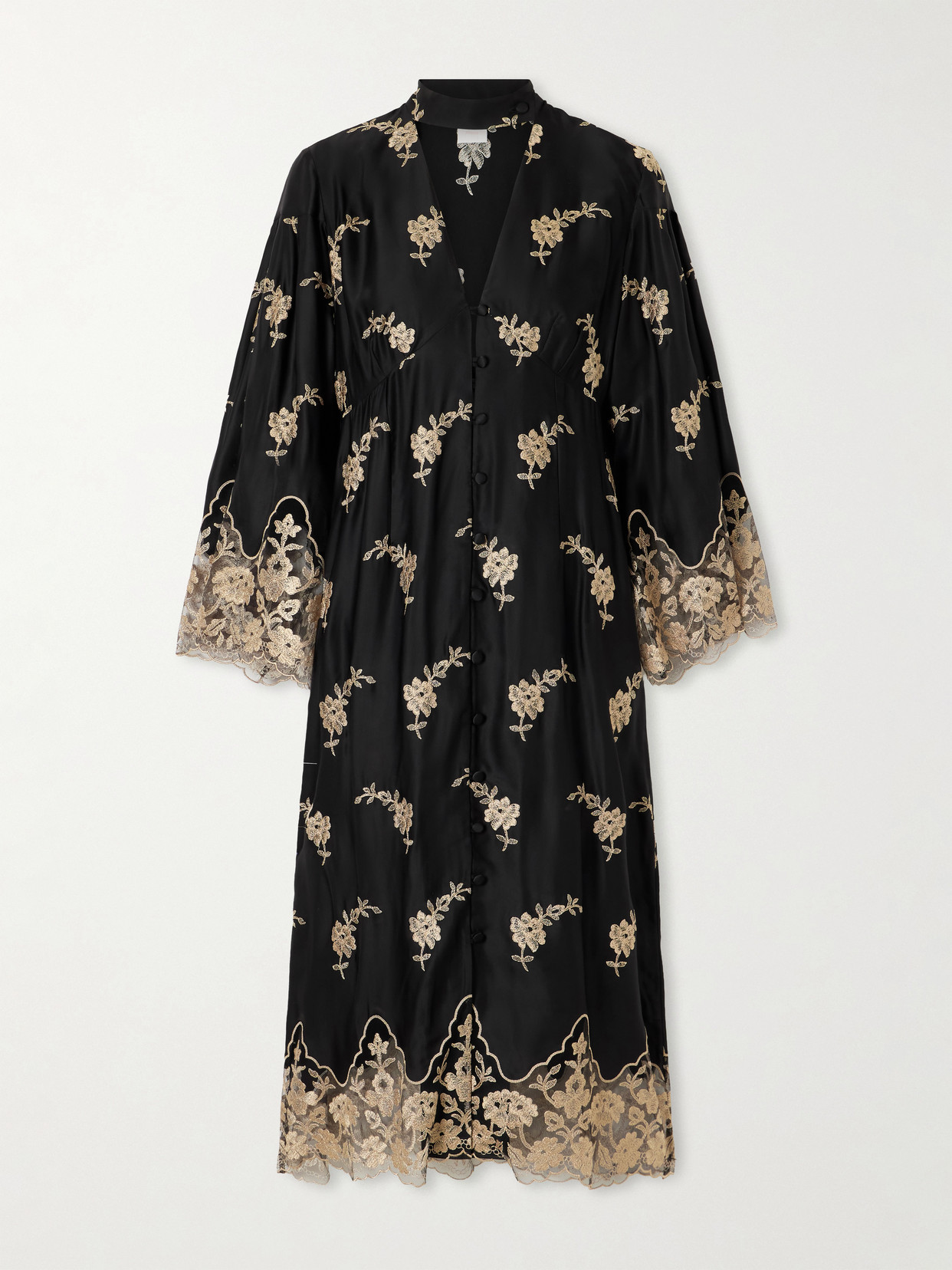 Loretta Caponi Sinalunga Floral-embroidered Lace-trimmed Satin Midi Dress In Black
