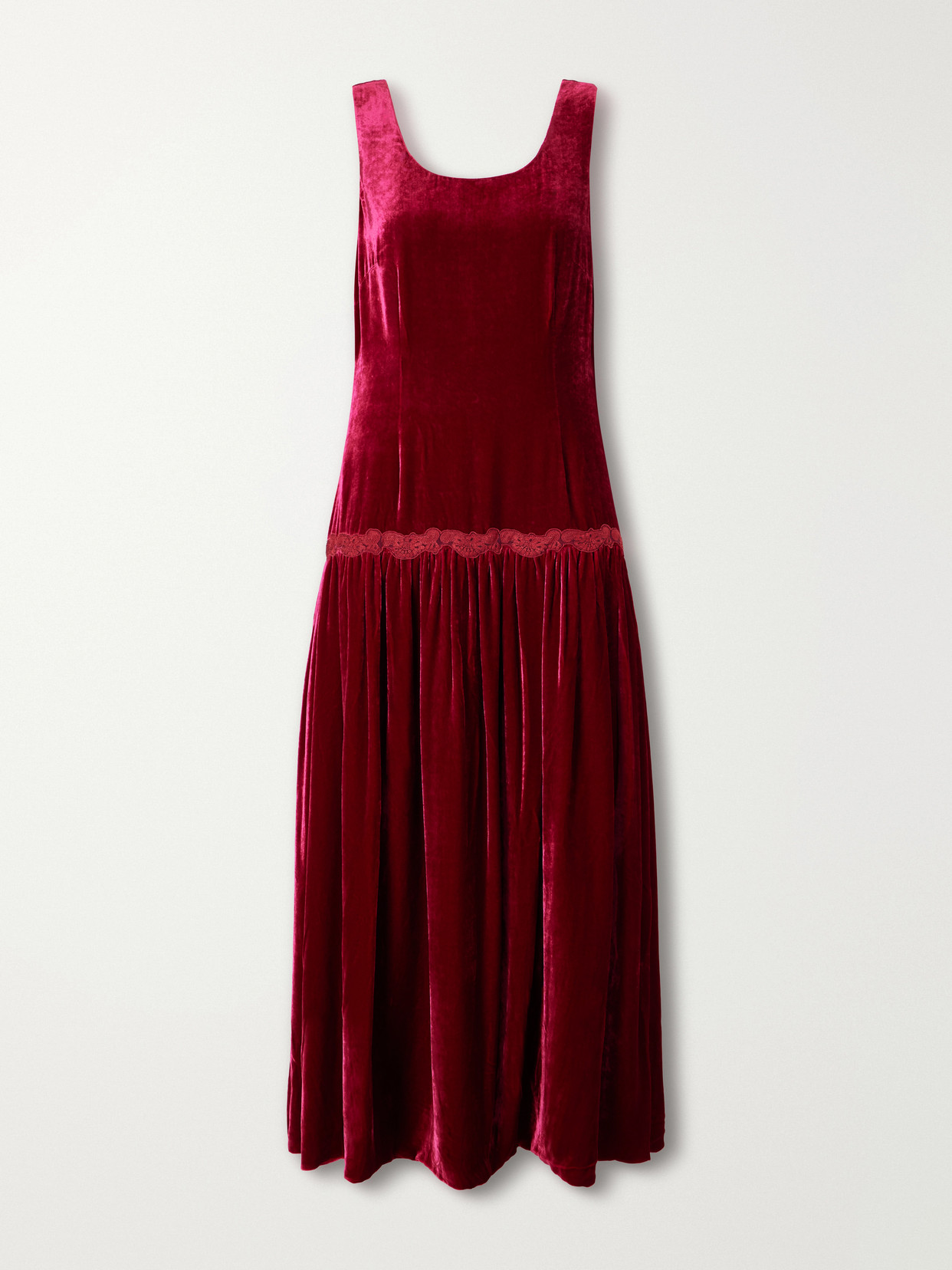 Loretta Caponi Estela Open-back Lace-trimmed Velvet Maxi Dress In Red