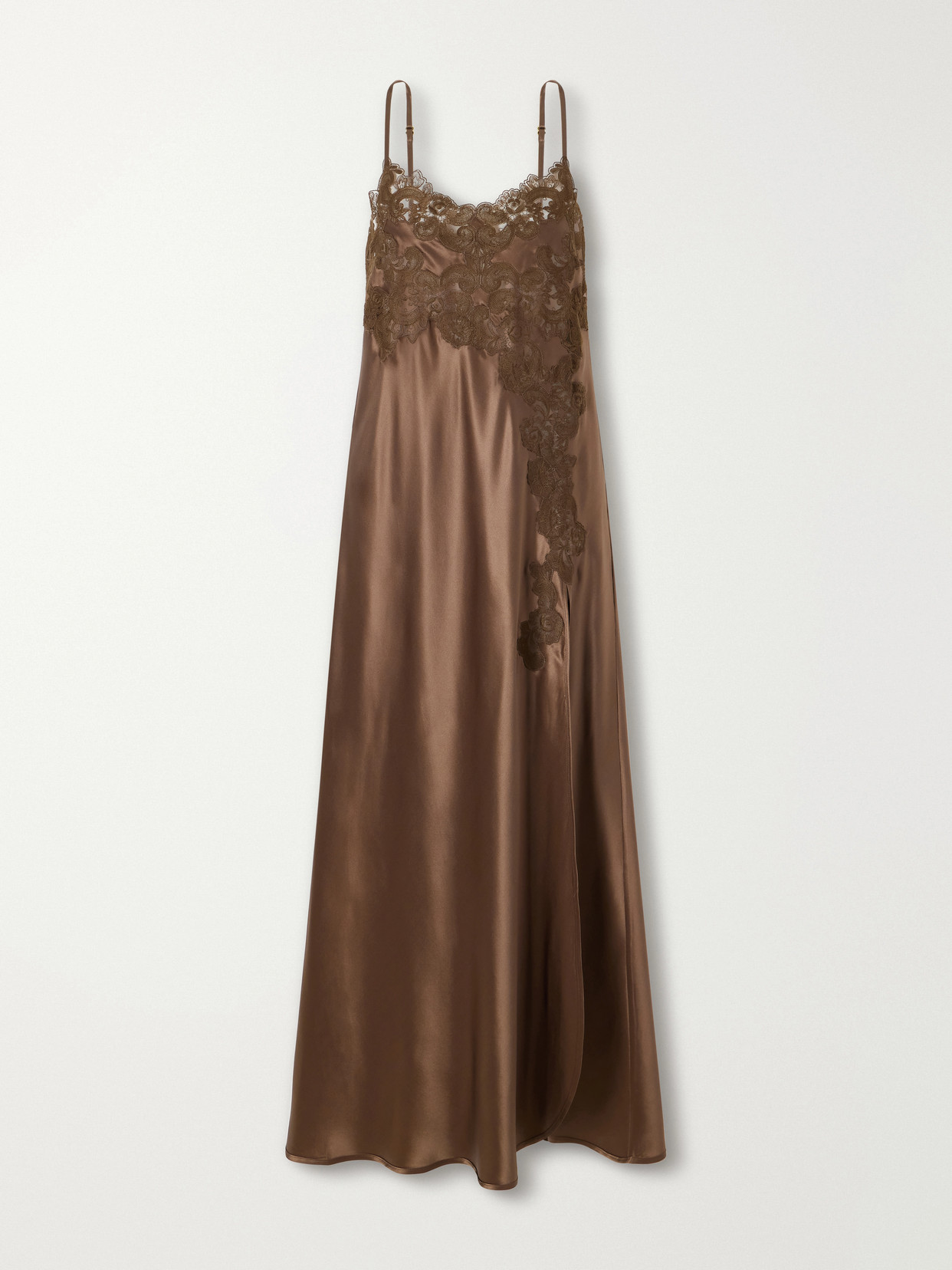 Loretta Caponi Grimilde Lace-trimmed Silk Maxi Dress In Brown