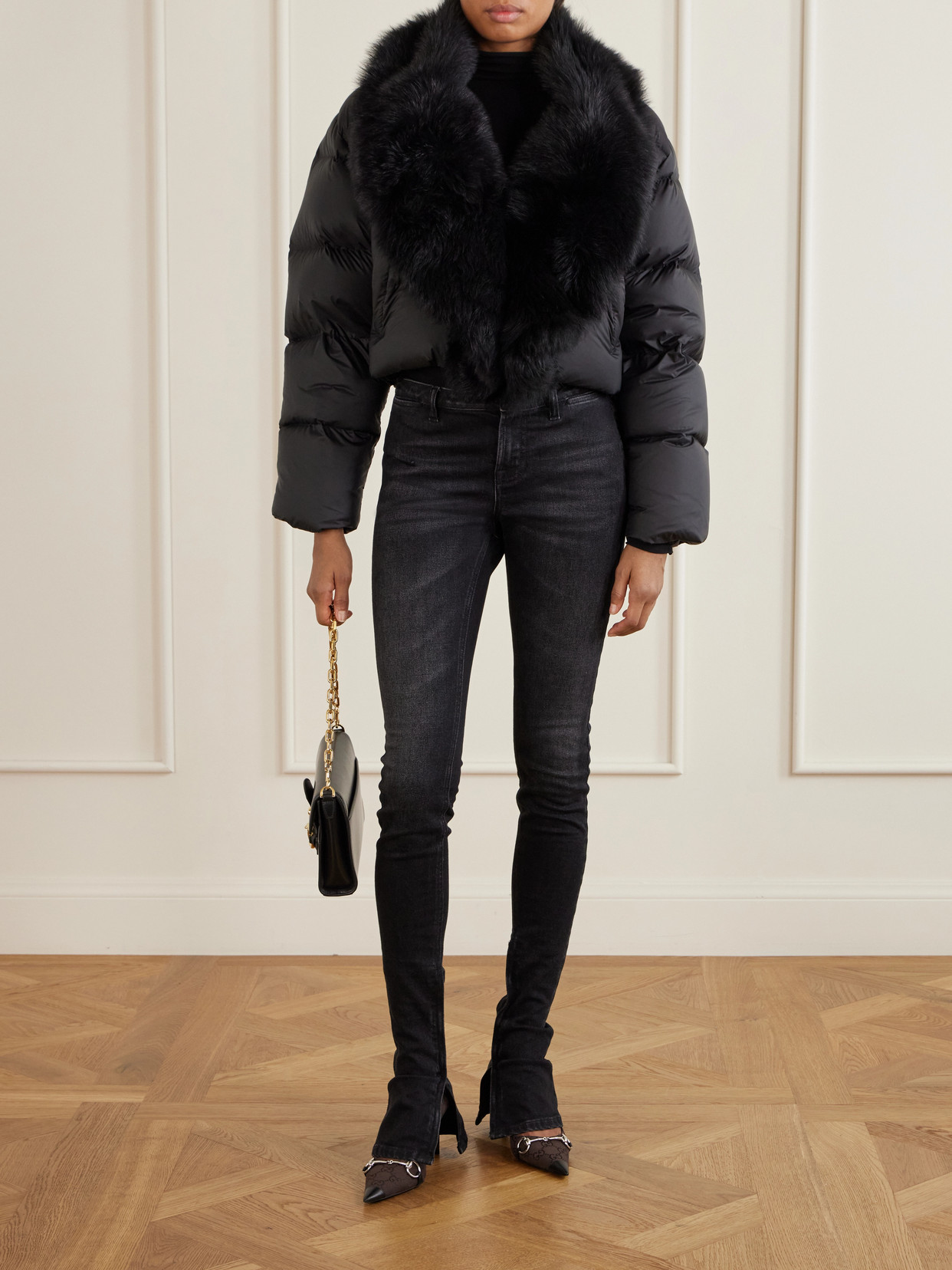 Shearling-Trimmed Padded Quilted Shell Down Jacket
