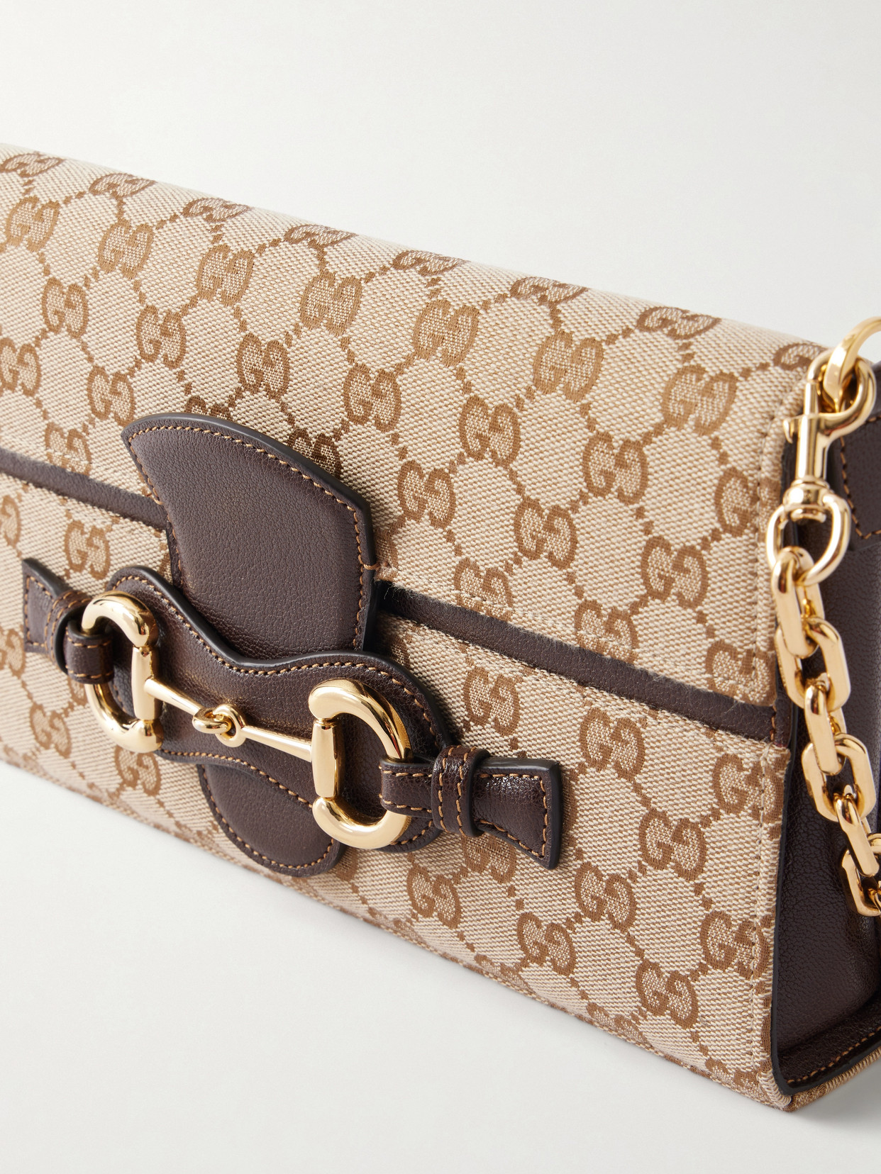 Horsebit Ristretto Leather-Trimmed Canvas-Jacquard Shoulder Bag