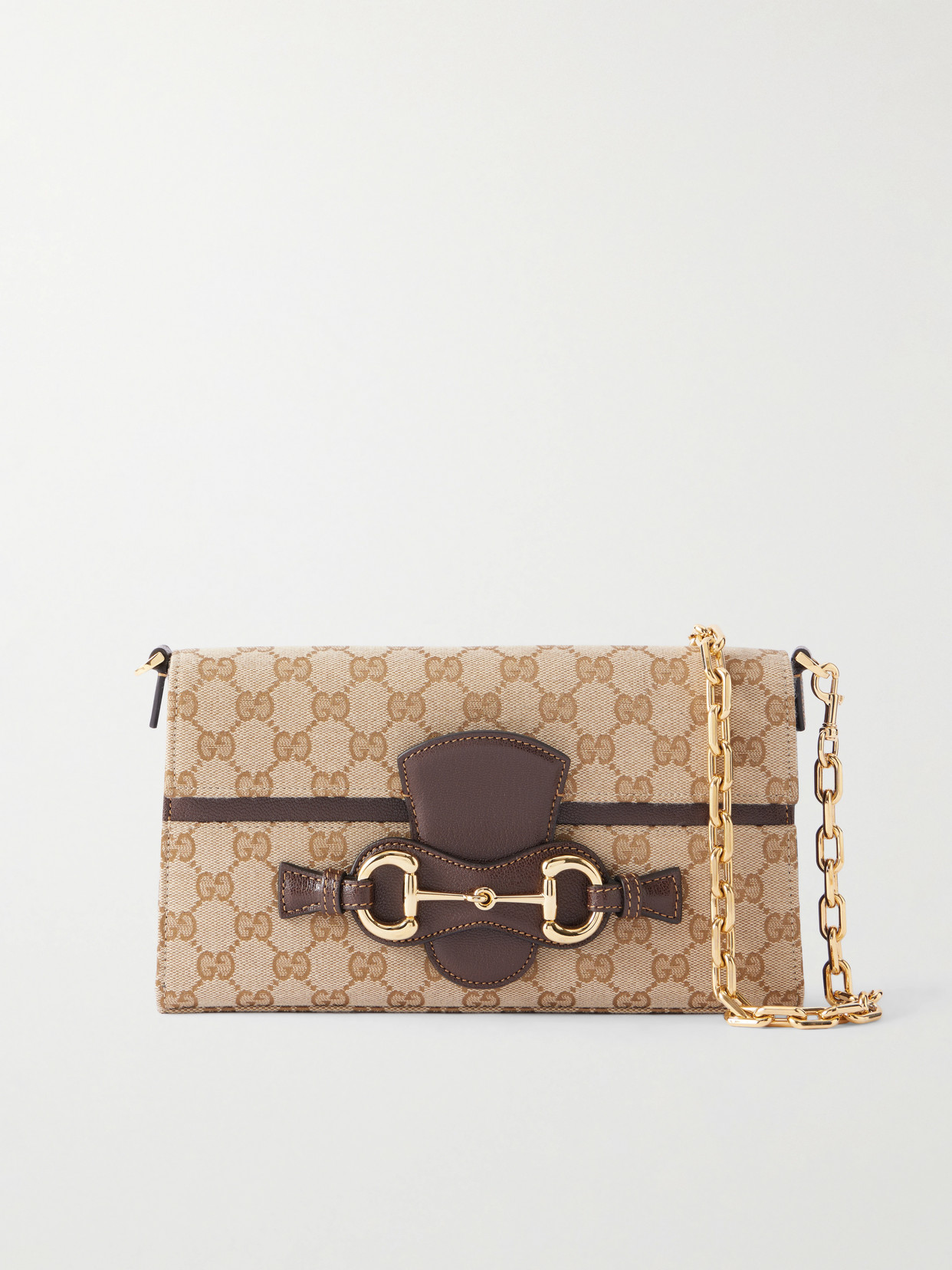 Horsebit Ristretto Leather-Trimmed Canvas-Jacquard Shoulder Bag
