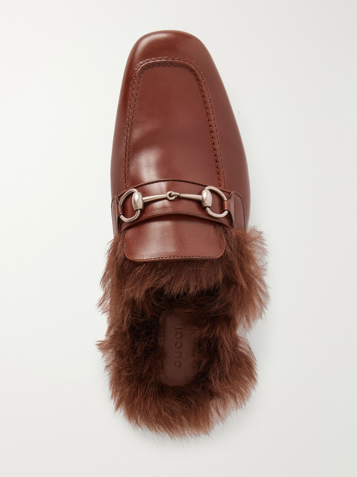 GUCCI 카사노바 호스빗 장식 시어링 트리밍 가죽 뮬