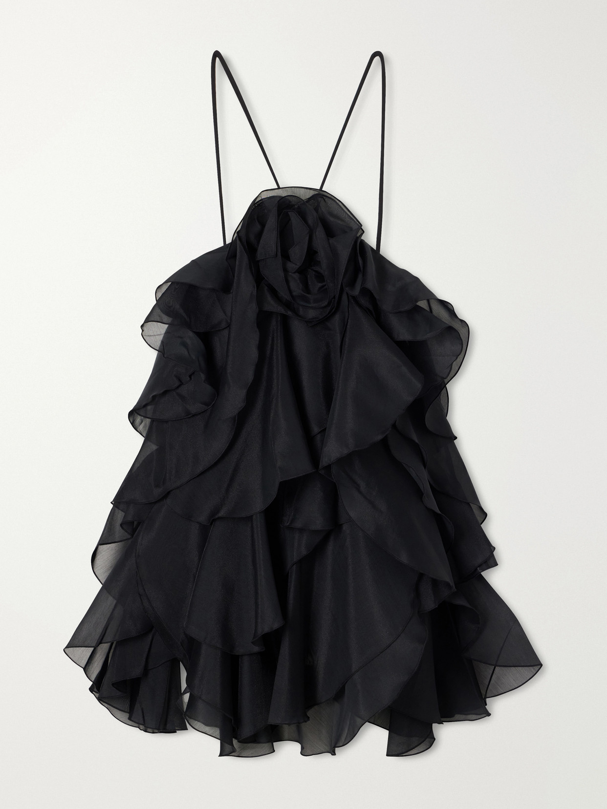 Aje Pandorea Appliquéd Ruffled Layered Chiffon Mini Dress In Black